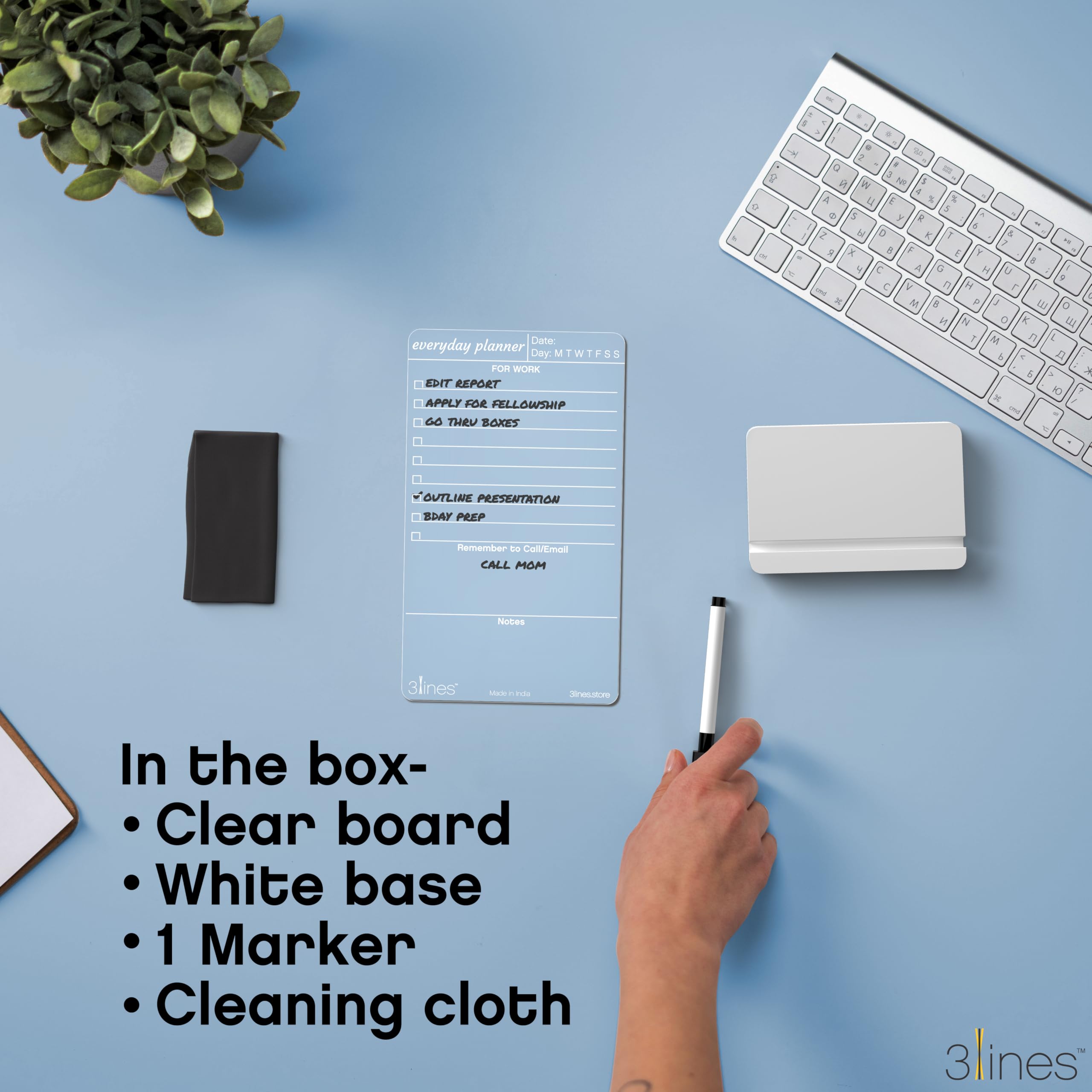 3 Lines to Do List Acrylic Board for Desk (20x12 CM) | Best Planner & Organiser | White Acrylic Base | with Marker & Cleaning Fabric | Everyday Planner for Work Transparent | Small Size 4