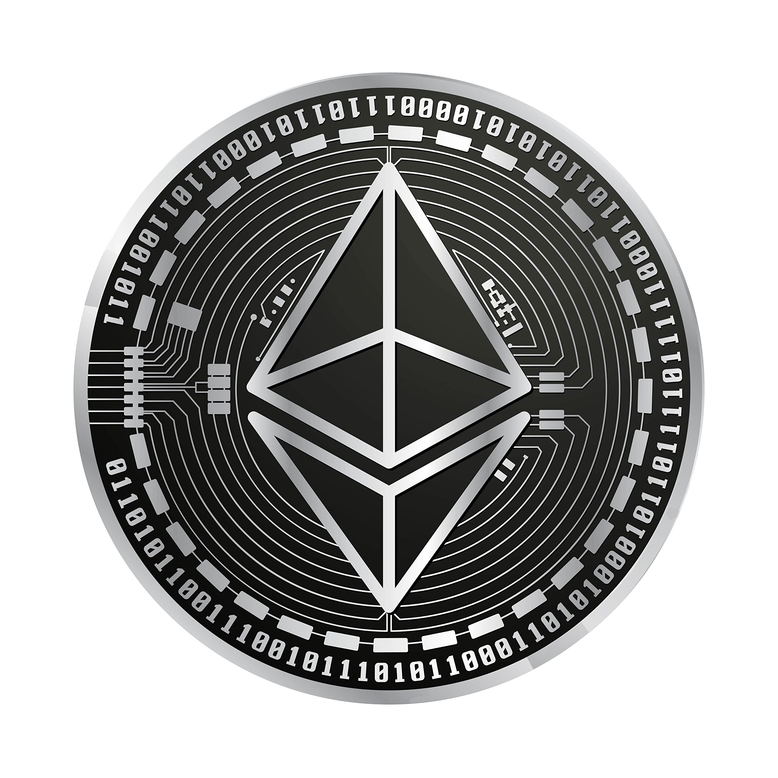 Realistic Silver Black Ethereum Wall Sticker - Cryptocurrency Crypto Coin Decal Cars Windows ETH Bitcoin Logo (3" x 3")