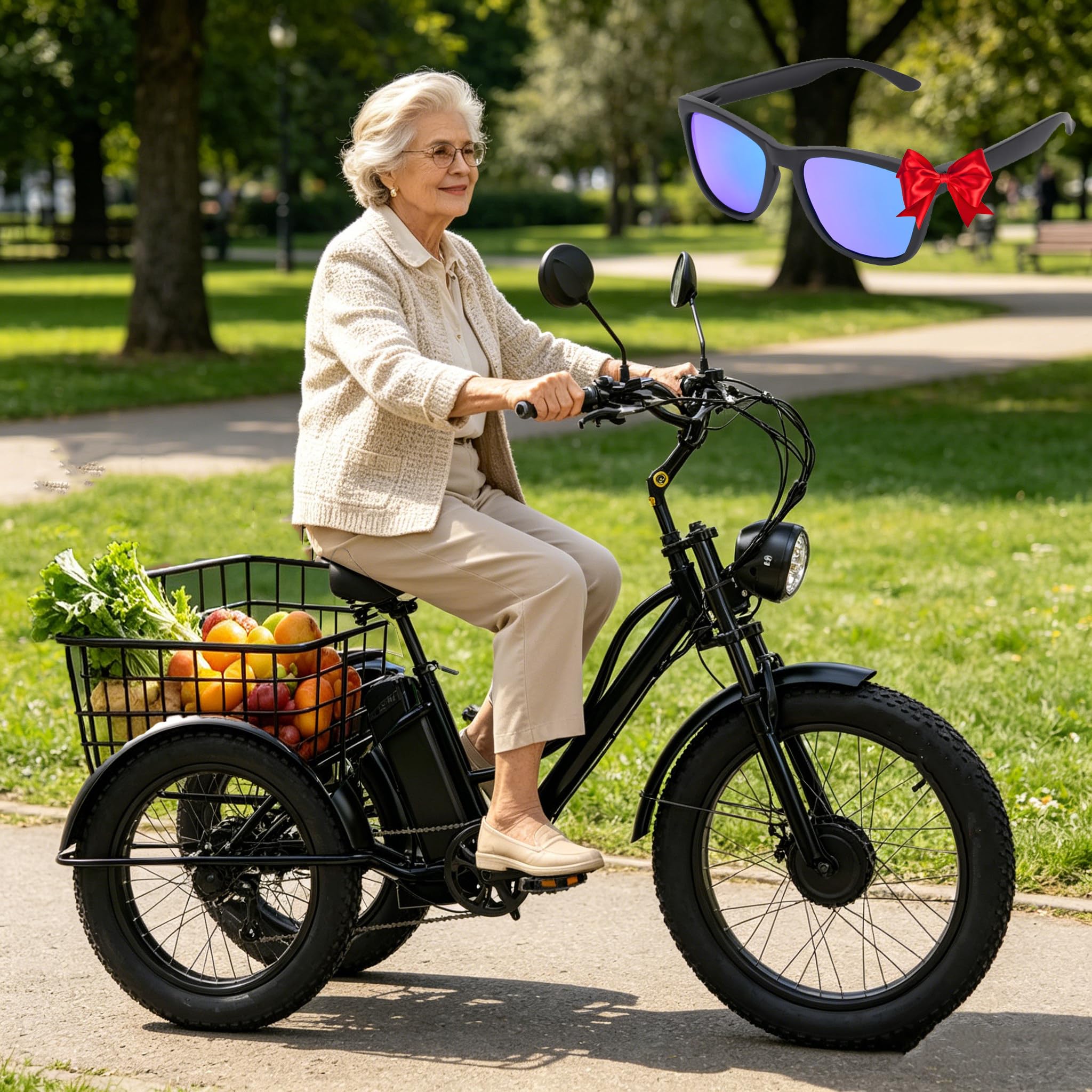 LISTaRSw 24 Inch Adult Electric Tricycle W/Basket, Electric Cargo Tricycle for Seniors, Lcd Screen, Carbon Steel Frame, Fat-Tire Tricycle for Adults, 200kg Load Capacit Black