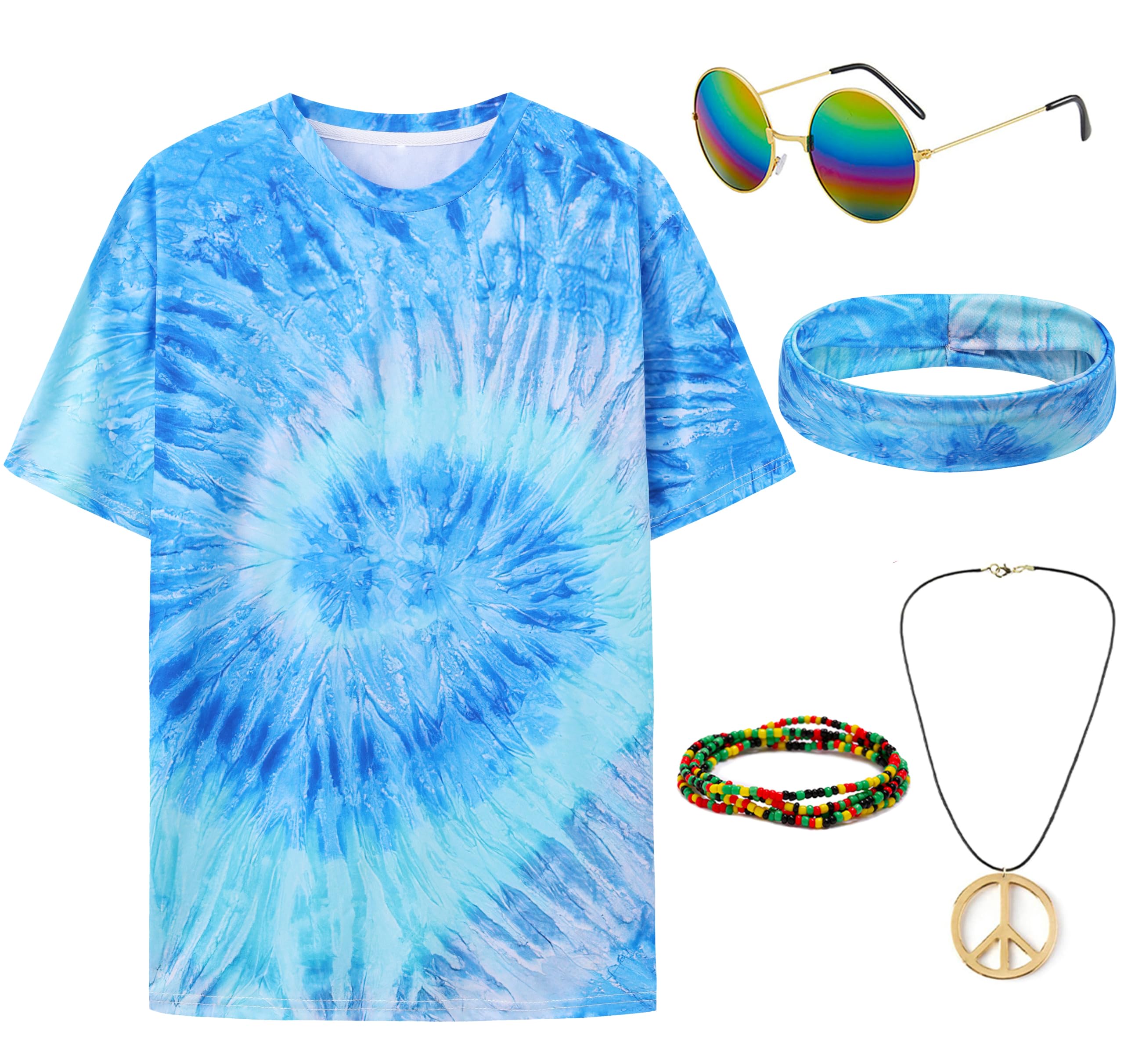 Gionforsy Hippie Costume Outfit for Men Women 60s 70s Costume Accessories T-shirt Peace Necklace for Halloween Costume Party, Blue, XXL