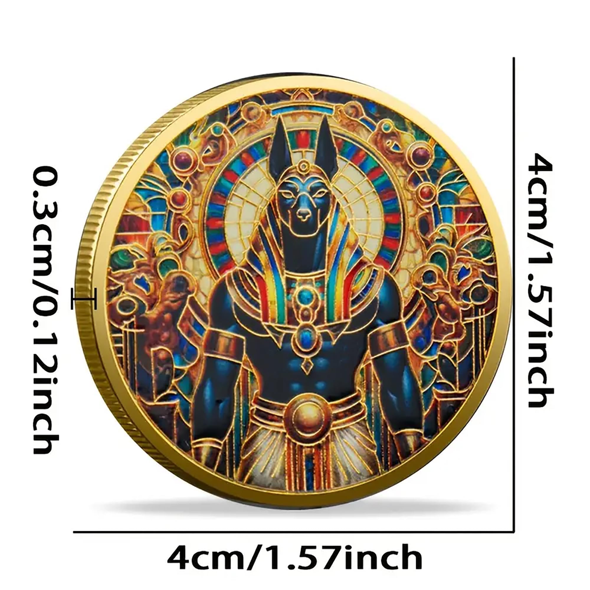 Anubis Egyptian God Coin – Gold Plated Collectible with Stained Glass Artwork, Pyramid & Hieroglyphs Design, 2-Sided Premium Metal Coin for Collectors