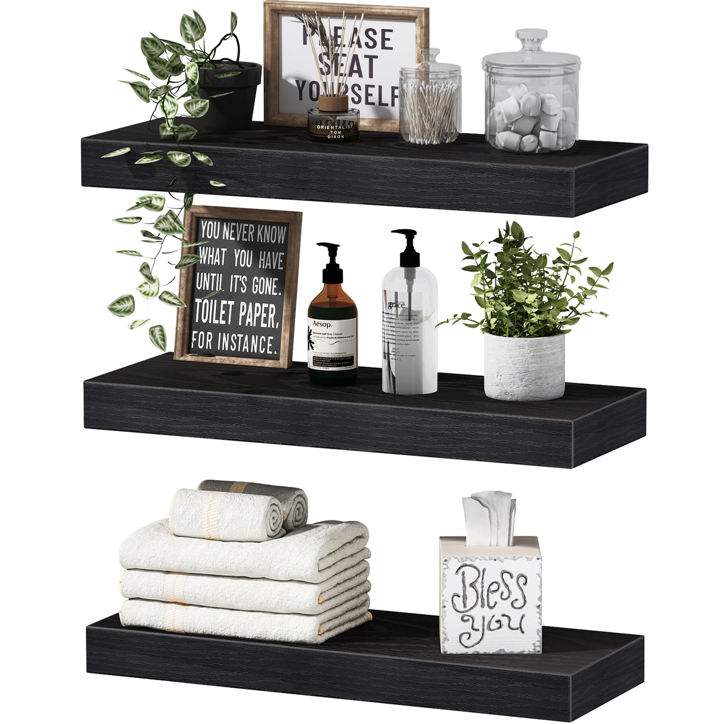 QEEIG Floating Shelves for Wall Small Shelf (Black, Set of 3, 15.7" x 6.7")
