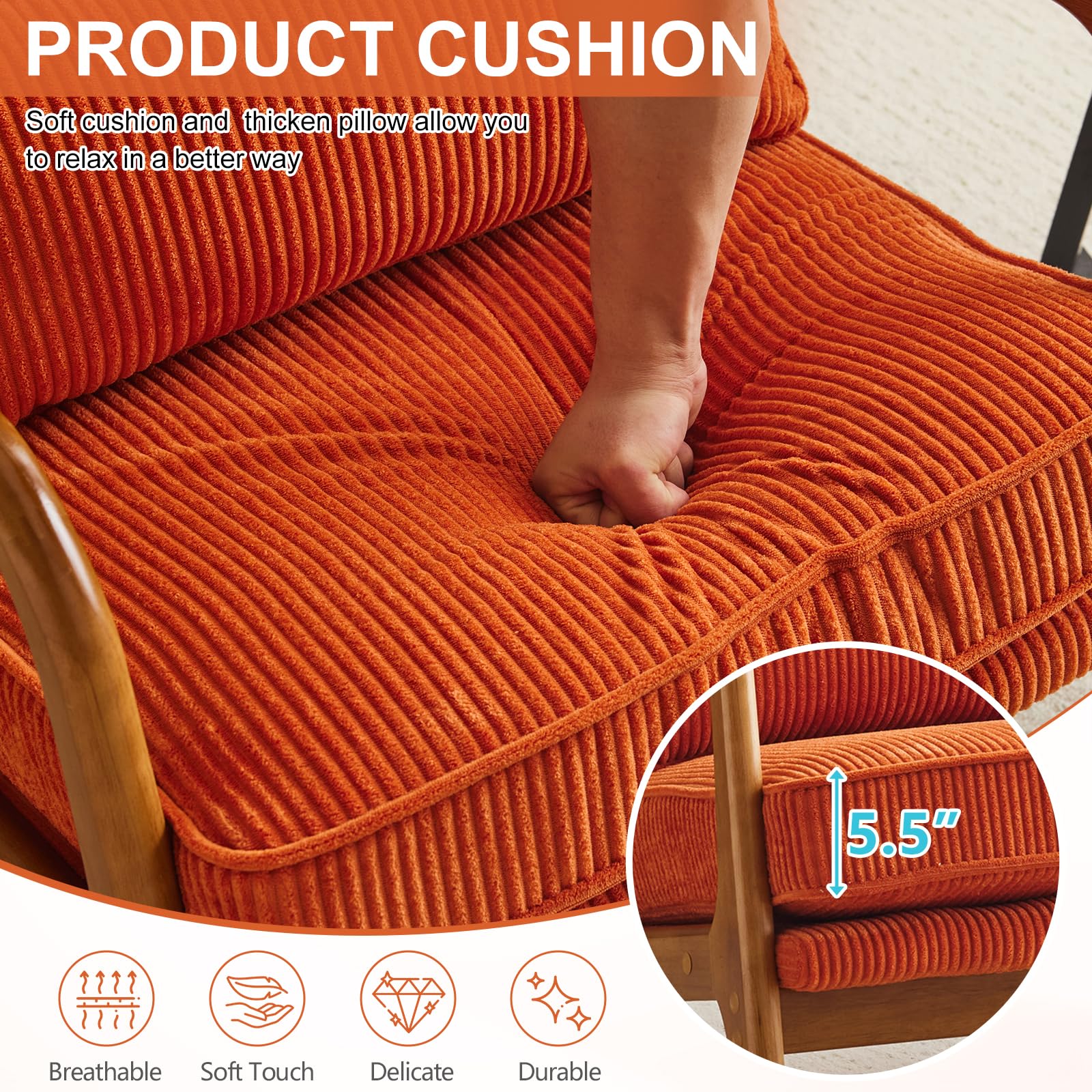 Bonnlo Sillón Butaca Individual de Salón, Estilo Nórdico Retro, Tapizado de Pana Acanalada Suave, Estructura de Madera Maciza, Cojín Incluido, 65×80×78 cm, Carga Máxima 150 kg (Naranja)