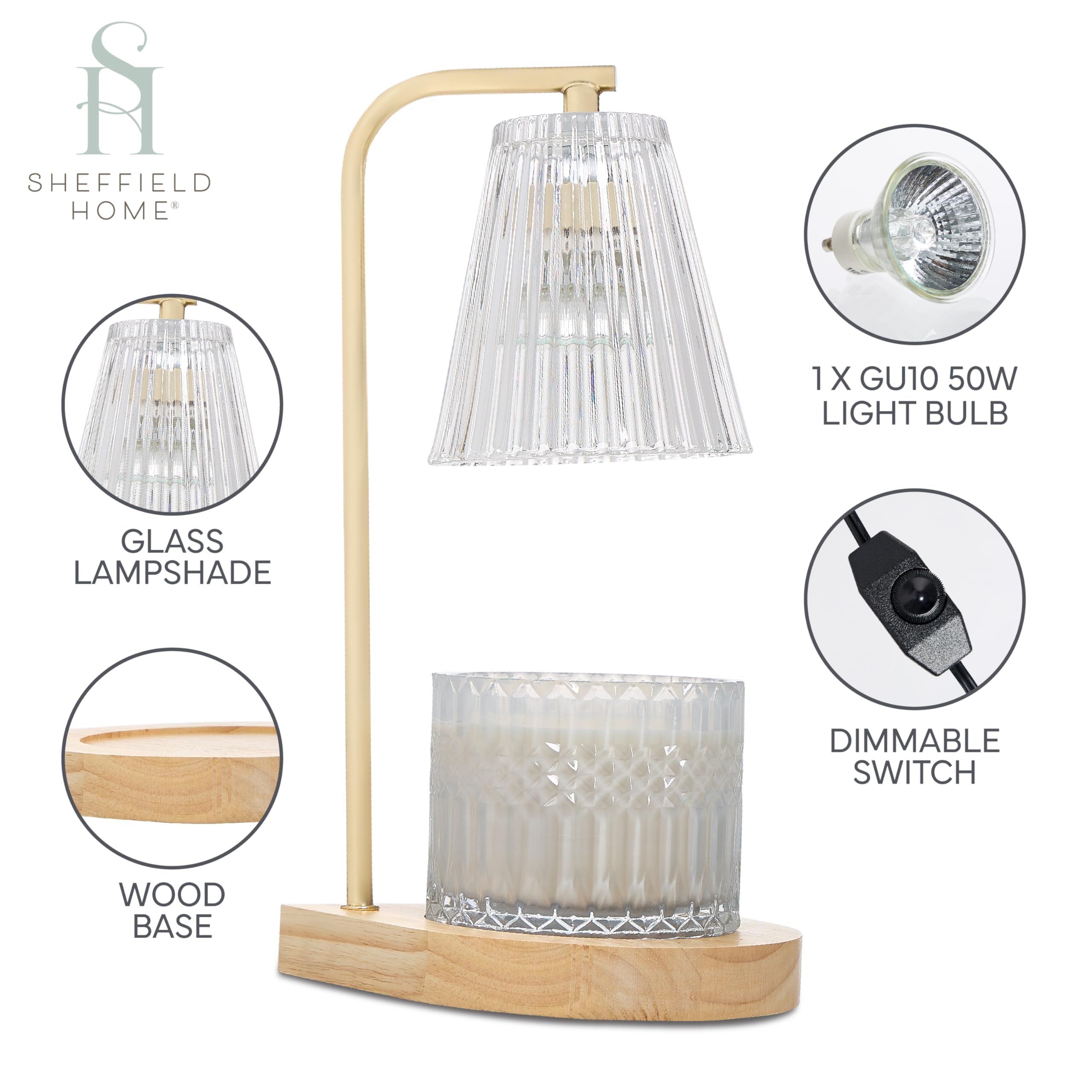 Sheffield Home Glass Candle Warmer Lamp - 15W, Clear Floral Shade, Dimmable, 1.4m Cord, Flameless Wax Melter For Home Fragrance & Decor