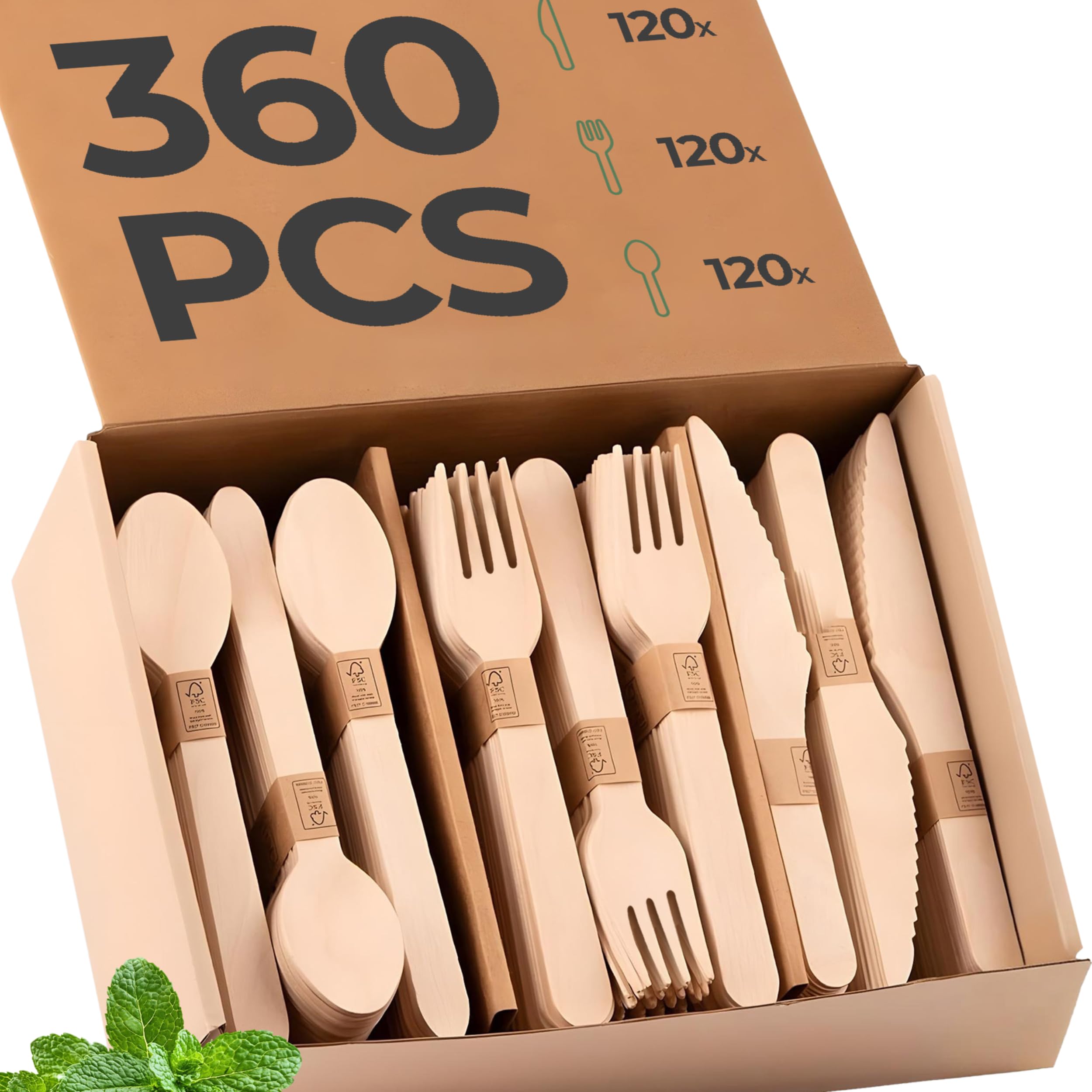 360 PCS Wooden Disposable Cutlery Set – 120 Forks, 120 Knives, 120 Spoons, Compostable Utensils & Plastic-Free Flatware for Party, Camping & Wedding