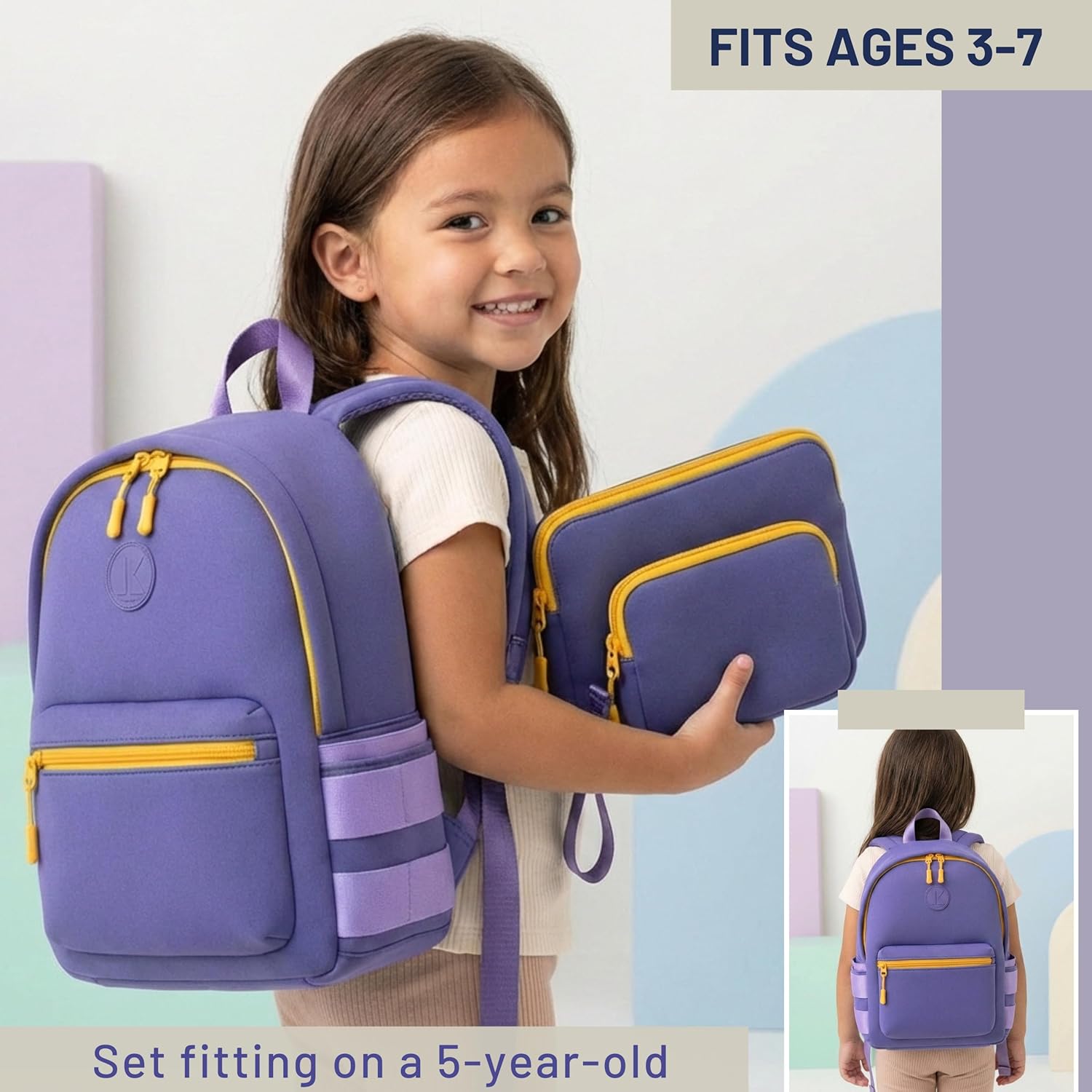 Neoprene Kids Travel Backpack SET| 2 pouches reusable snack bags | Preschool backpack with AirTag holder for kids |Purple Toddler travel essential toddler backpack for girls daycare essentials AGE 3-7 - Image 4
