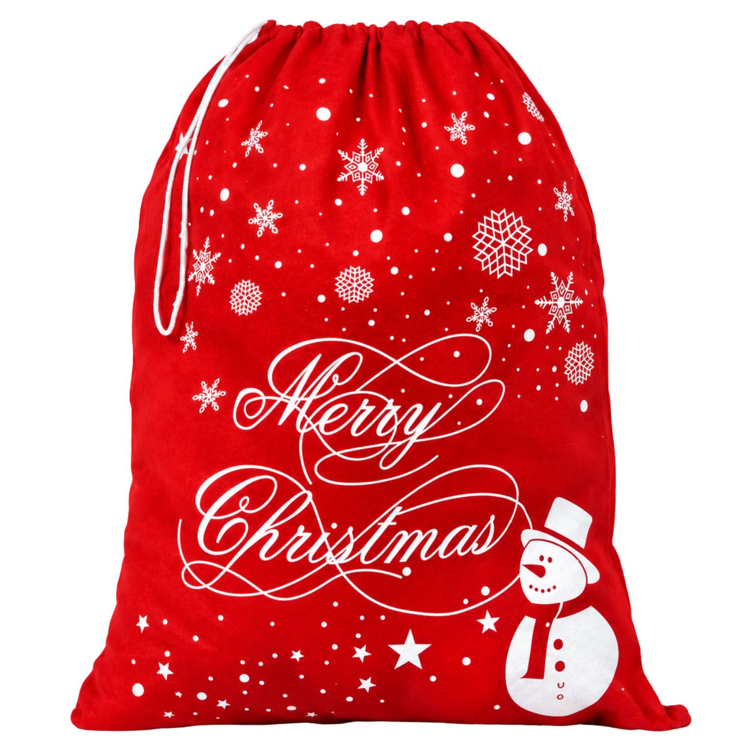 1Pc Santa Sack Red Felt Christmas Gift Bag Snowman Drawstring, 60x50cm | Red Felt with Snowman and Snowflake Print, Merry Christmas Lettering, Drawstring Top for Xmas Presents and Gift Wrapping
