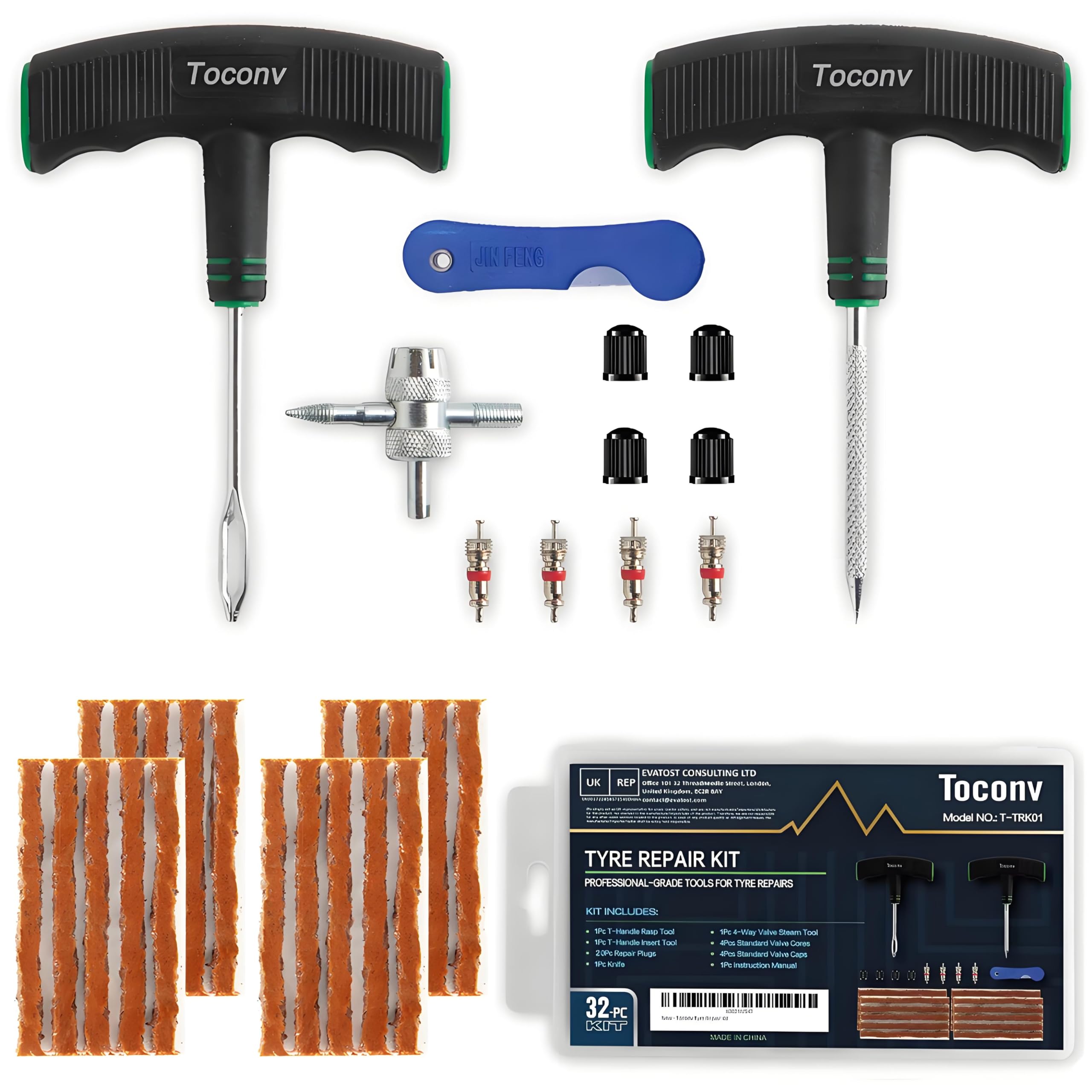 Toconv Tyre Repair Kit, 32pcs Compact Tyre Puncture Repair Kit with Rubber Plugs, Upgraded T-Handle, 4-Way Valve Tool, Flat Tyre Repair Tool for Cars, Motorcycles, Van, ATV, SUV