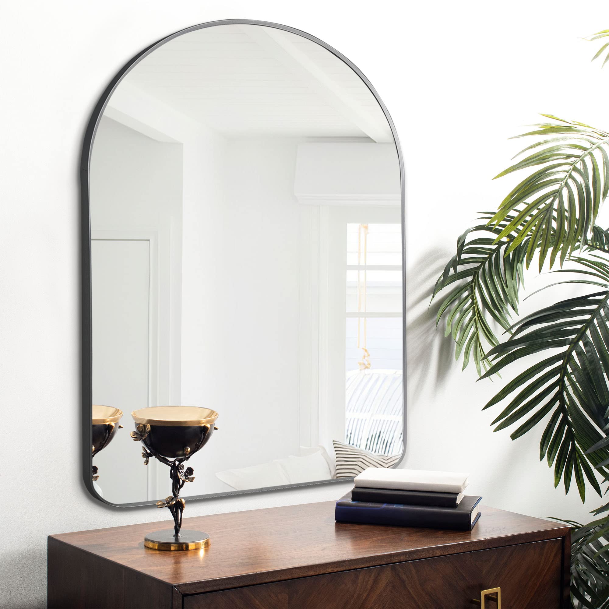 NeuType Arched Wall Mirror,36"x24", Hanging or Leaning Against Wall, Large Bedroom Mirror, Floor Mirror, Dressing Mirror, Aluminum Alloy Thin Frame, Rounded Corners, Black