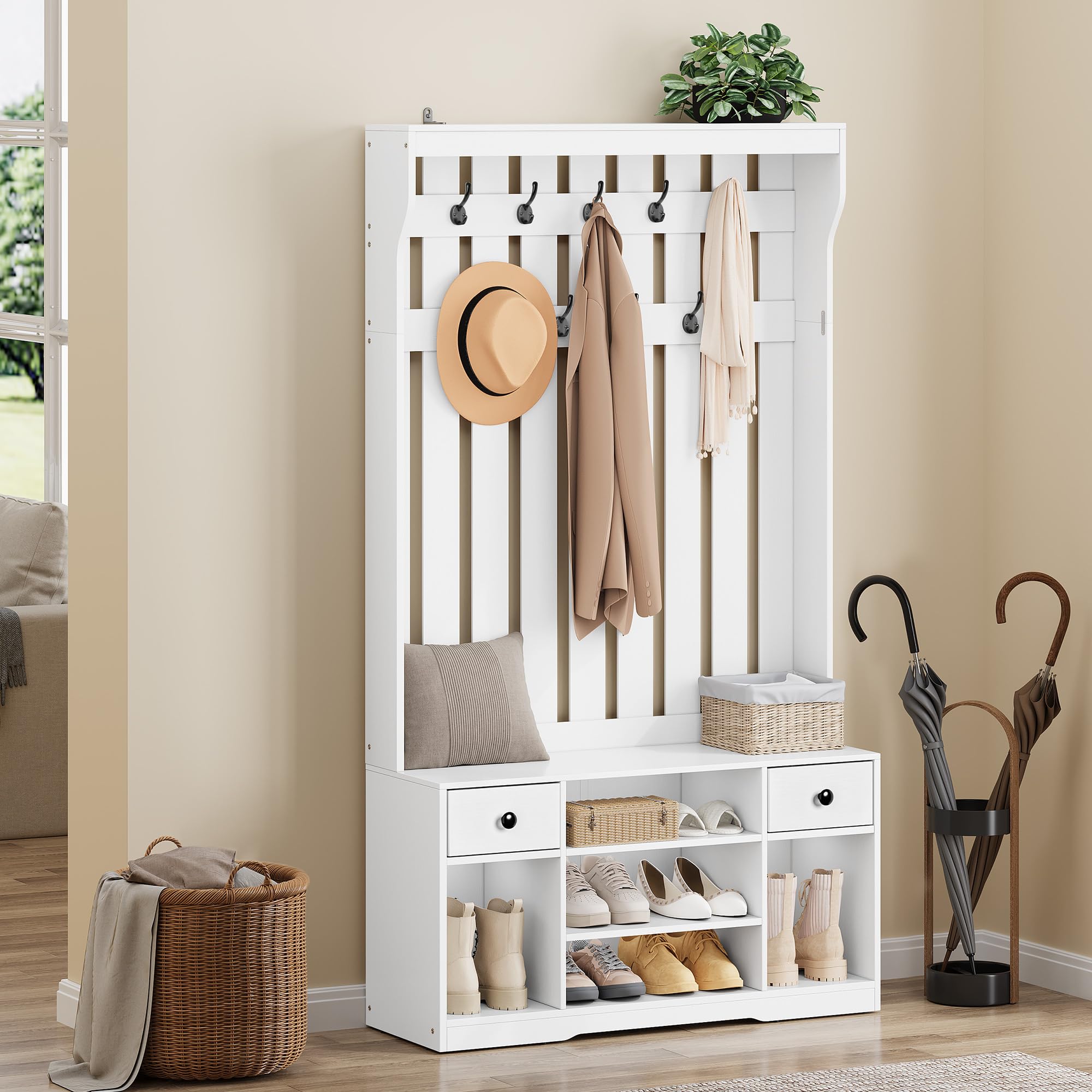 YITAHOME Garderobenständer mit Schuhbank, Garderobenschrank, Garderobe, Flurgarderobe mit 9 Haken & 2 Stoff Schublade, für Diele & Wohnzimmer, Schuhschrank,100x35x180cm, Weiß