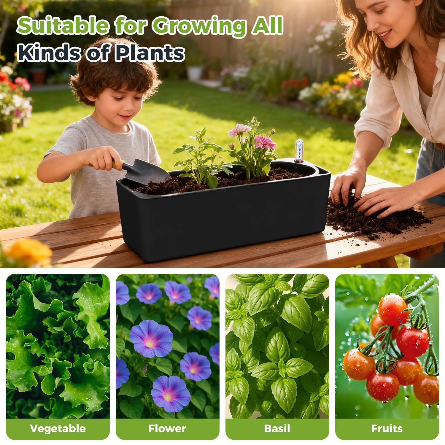Planterhoma Lot de 2 Pots de Fleurs rectangulaires en Plastique à Auto-Irrigation avec Trous de Drainage pour Rebord de fenêtre, pour intérieur et extérieur, Noir, 39,6 x 13,7 cm