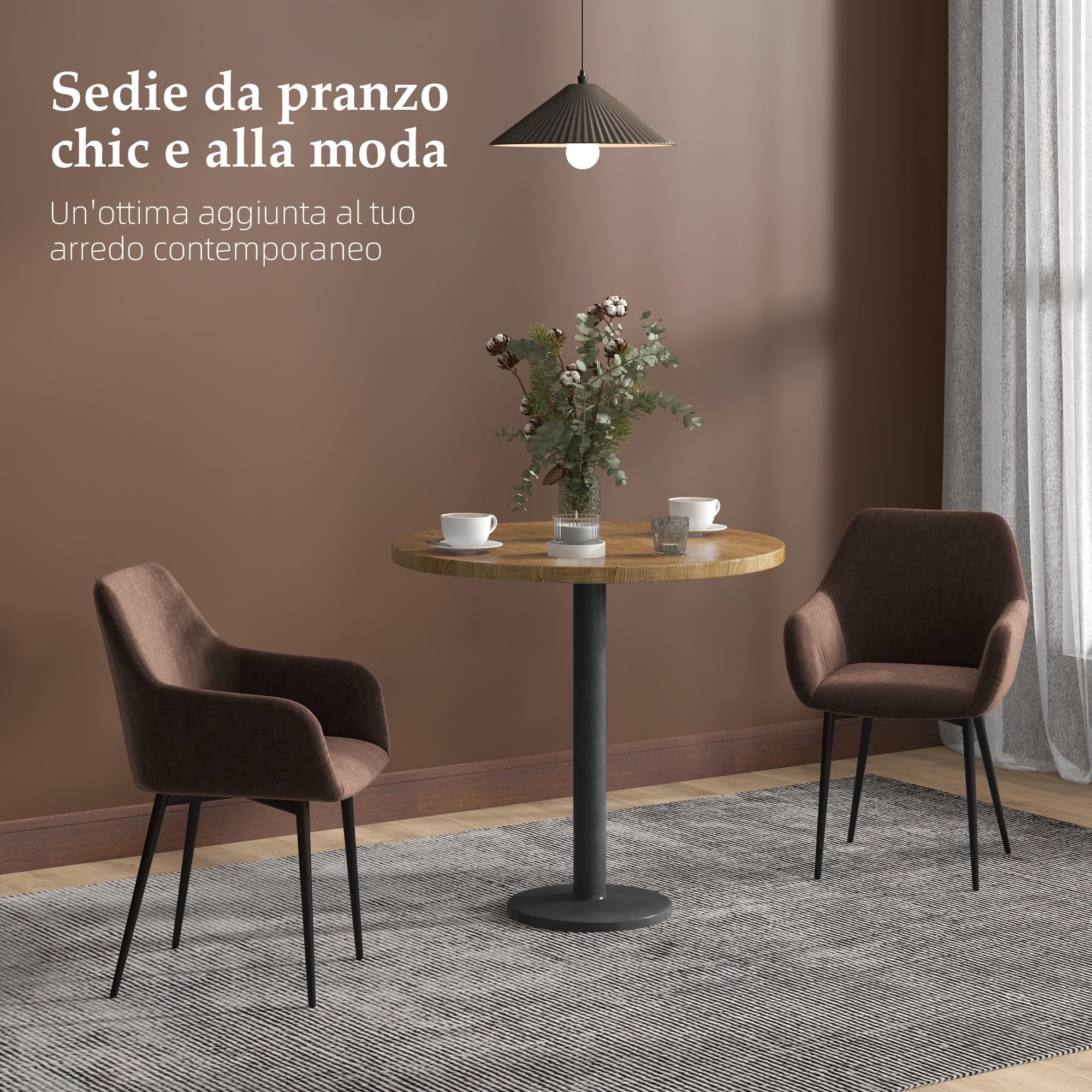 HOMCOM Set 2 Sedie Sala da Pranzo Imbottite in Stile Nordico, Sedie Cucina in Tessuto, Poltrona Imbottita con Braccioli e Gambe in Acciaio per Soggiorno, 54x57x80 cm, Marrone