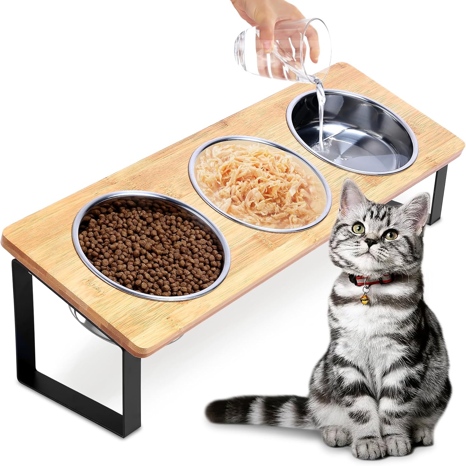 Elevated Cat Food Bowl, 15°Tilted Cat Bowl Stand with 3 Stainless Steel Raised Cat Bowls for Food and Water, Anti Vomit Feeding Station for Indoor Cats and Pet