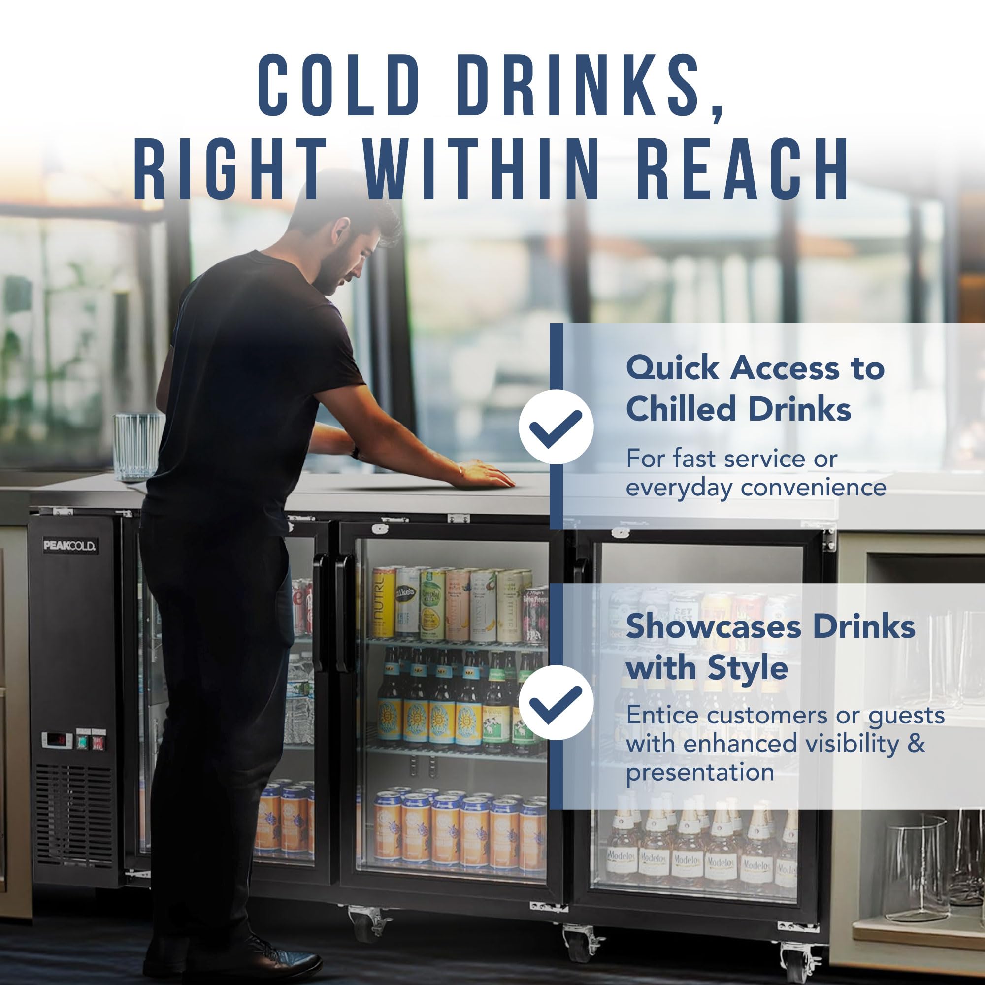 Peakcold 3-Door Counter Height Beverage Refrigerator - 72" Wide Energy Efficient Black Beer Fridge With Glass Doors & White LED Lighting - Commercial Back Bar Cooler on Fridge.com - View 3