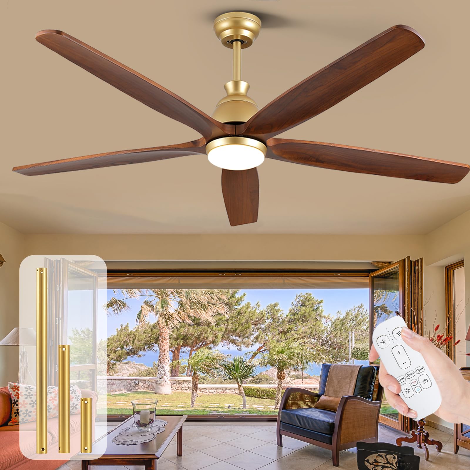 Ventilador de Techo con Luz y Mando a Distancia Madera, 132cm, Motor DC Reversible Silencioso, 6 Velocidades, 8H Temporización, Ventilador de Techo Moderno de 5 aspas para Interior y Exterior