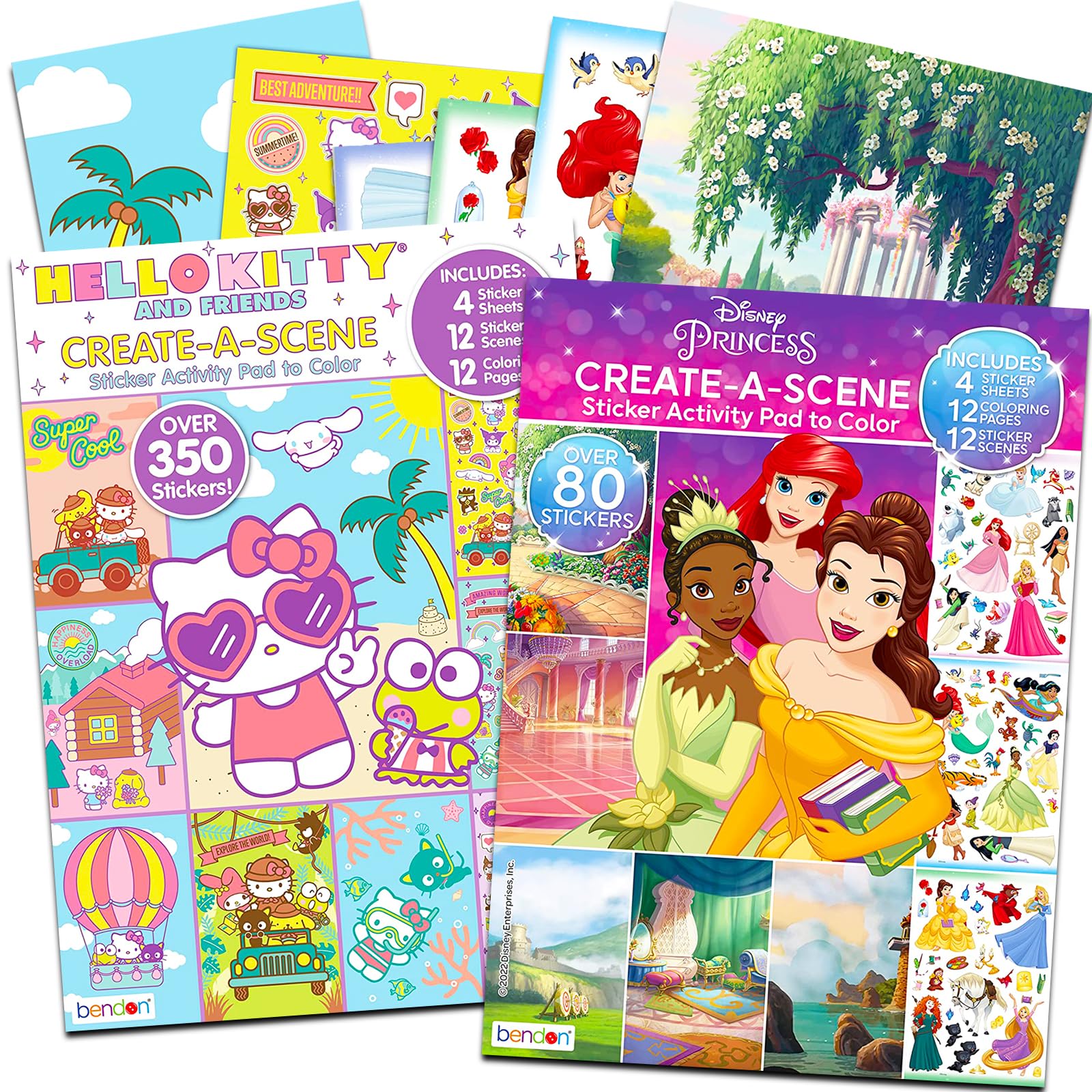 Create a Scene Sticker Activity Books for Girls - Bundle with 2 Sticker Pads with 400+ Stickers Featuring Disney Princesses and Hello Kitty Plus Bonus Coloring Pages, More | Sticker Books for Girls