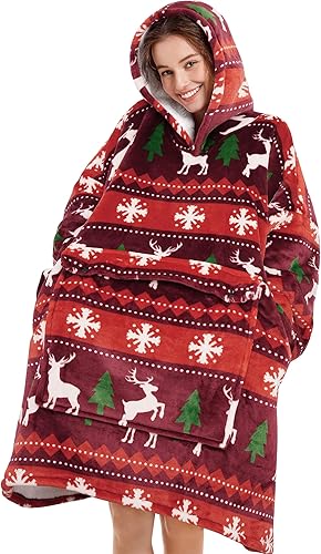Narecte Manta de gran tamaño con capucha para mujer, regalo de cumpleaños gigante y acogedor Kawaii para hermana, adolescente, reno de Navidad