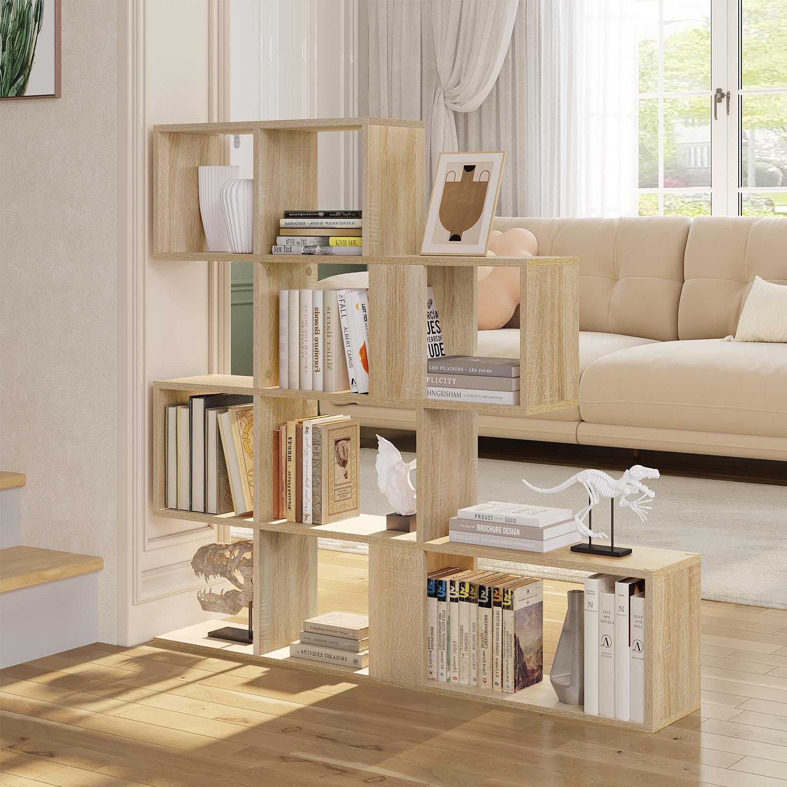 eSituro Libreria a 4 Livelli, Scaffale Divisorio con 11 Scomparti Aperti, Scaffale in Piedi, Scaffale a Gradini, per Soggiorno, Camera da Letto, Ufficio, 115x109,5x19,5 Cm, Rovere Chiaro