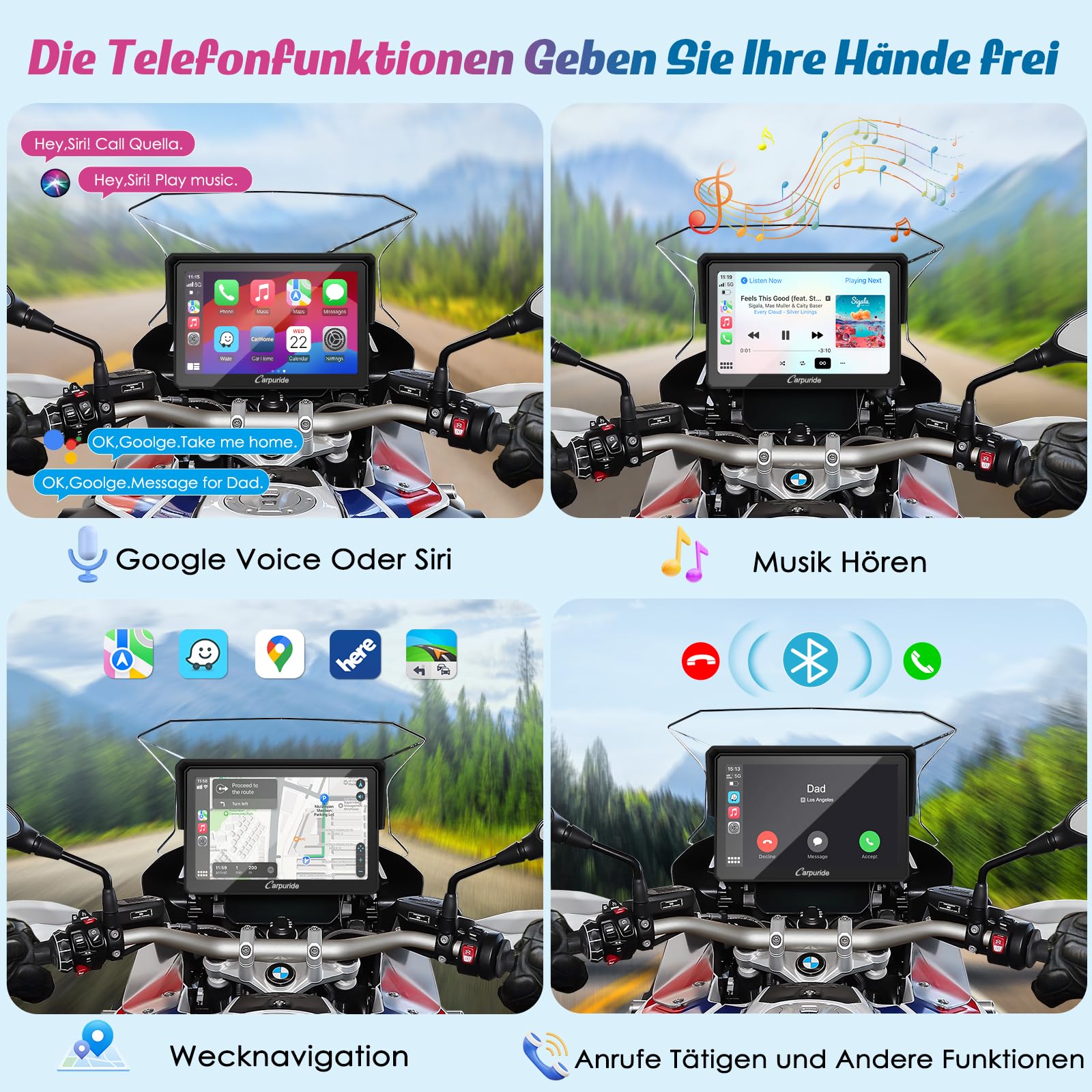 Carpuride W502B Écran Carplay pour BMW Moto R1200GS R1250GS S1000XR, écran Tactile étanche de 5 Pouces, Navigation GPS Portable Carplay/Android Auto pour Motos, Double Bluetooth