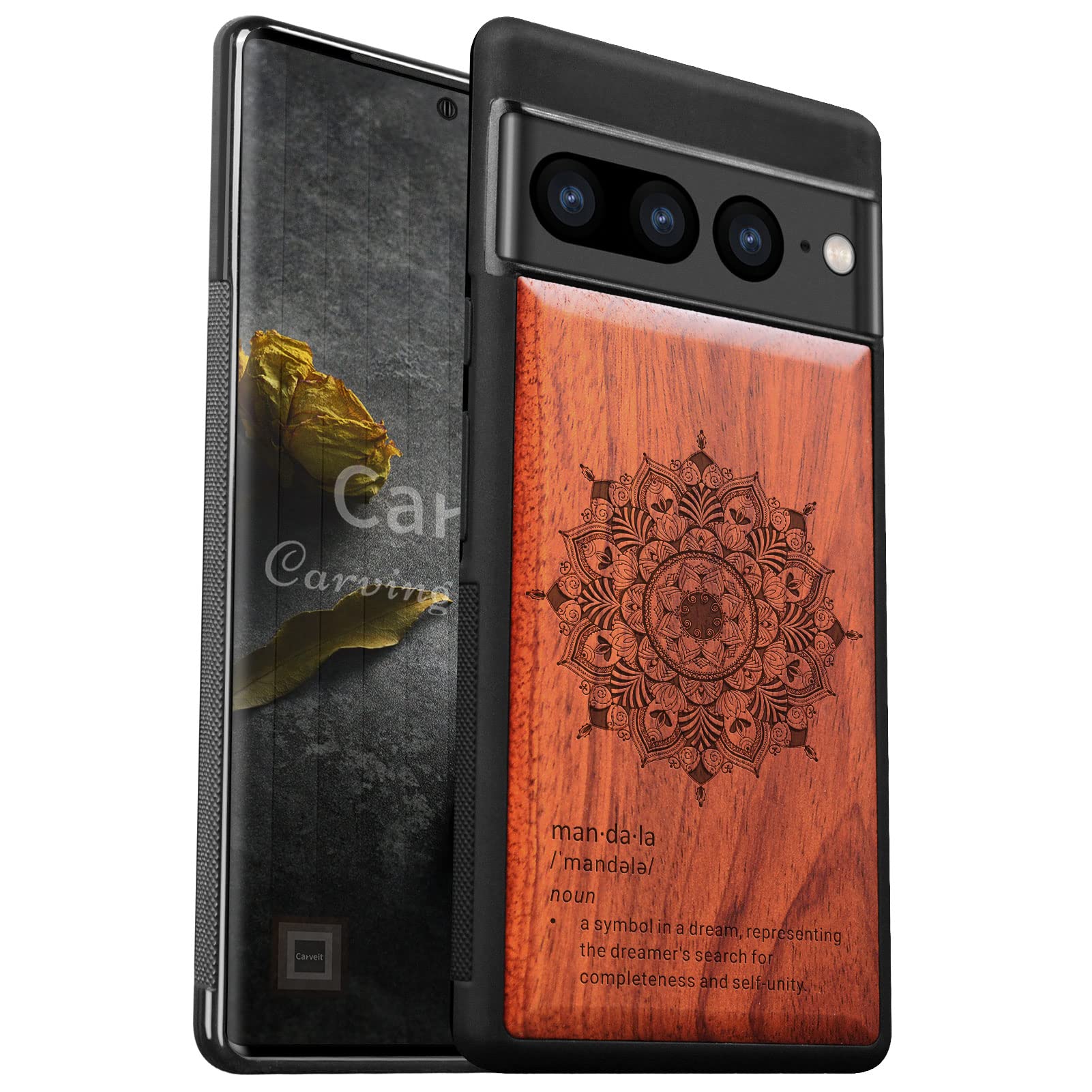Carveit Wood Case for Pixel 7 Pro Case [Natural Wood & Black Soft TPU] Shockproof Protective Cover Unique & Classy Wooden Case Compatible with Google Pixel 7 Pro Case (Mandala of Palace-Rosewood)