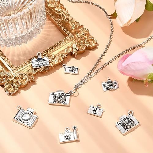 Miniatura 4 de KitBeads 70 piezas de 7 estilos tibetanos para cámara tibetana, dijes de viaje de plata antigua, dijes de fotografía vintage para collares, pulseras