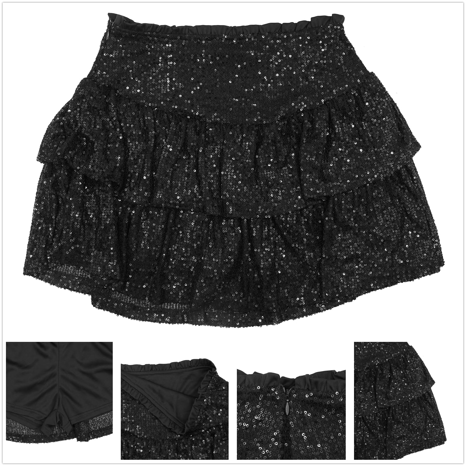 MINGSEECESS Minigonne corte da donna con paillettes glitterate, linea ad A, con volant, svasata, casual, gonna a pieghe per party club