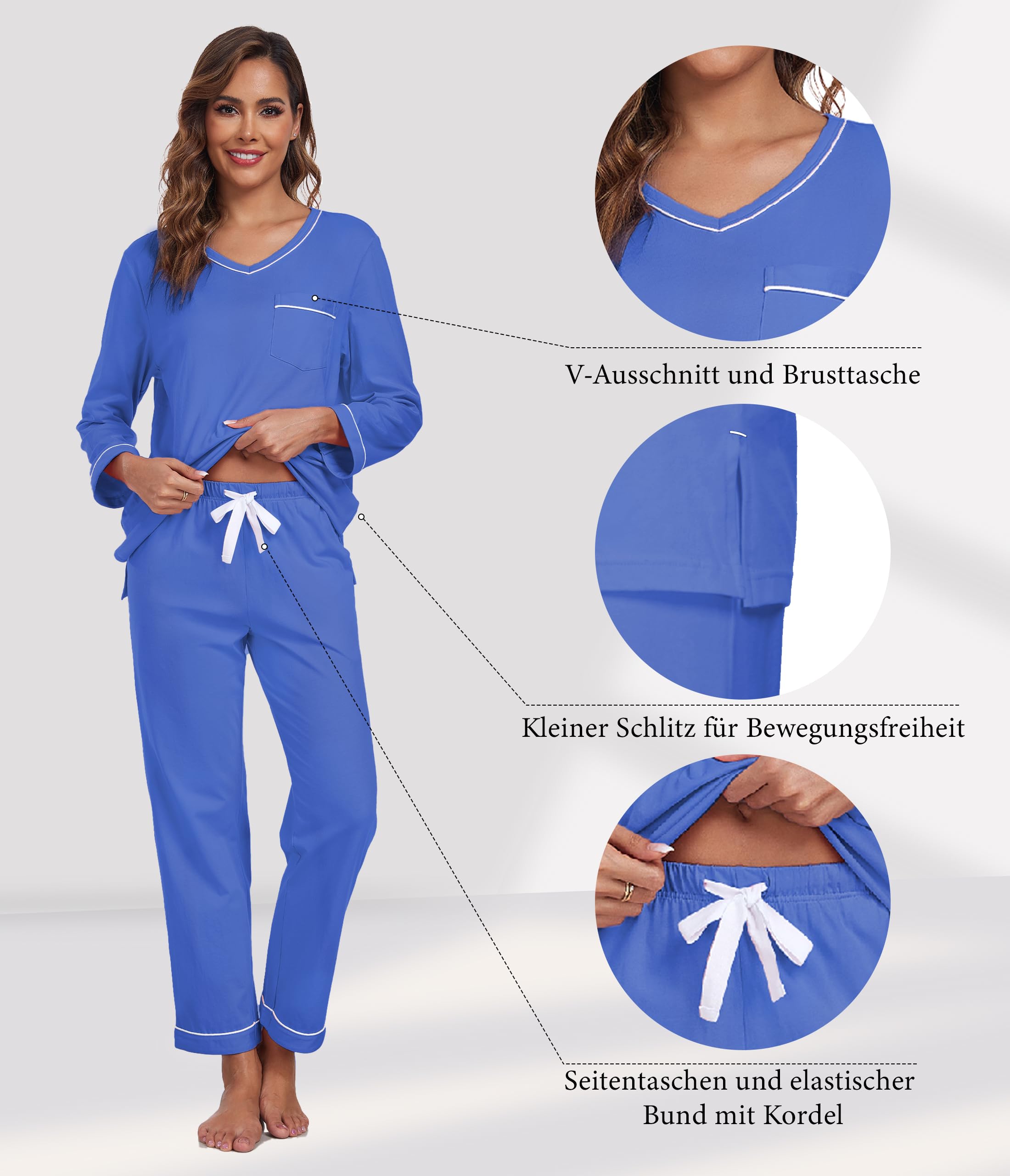 COLORFULLEAF Pyjama long pour femme, 100 % coton, 2 pièces, avec col en V, vêtements de nuit, à manches longues