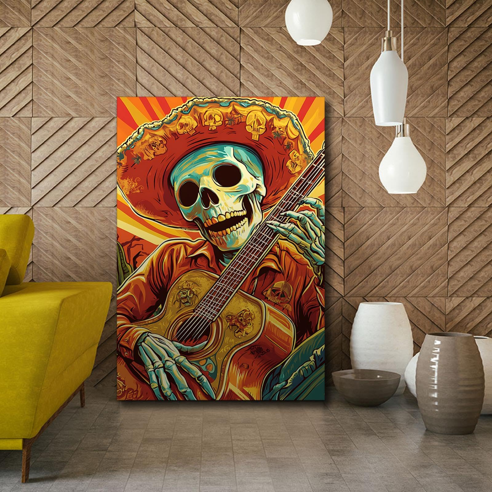 CHERHERART Chitarra Musica Scheletro Tela Stampe Opere d'arte per vivere Casa Cucina Pranzo Cafe Happy Country Teschio Tela Decorazione della parete 80x120cm Innerframe
