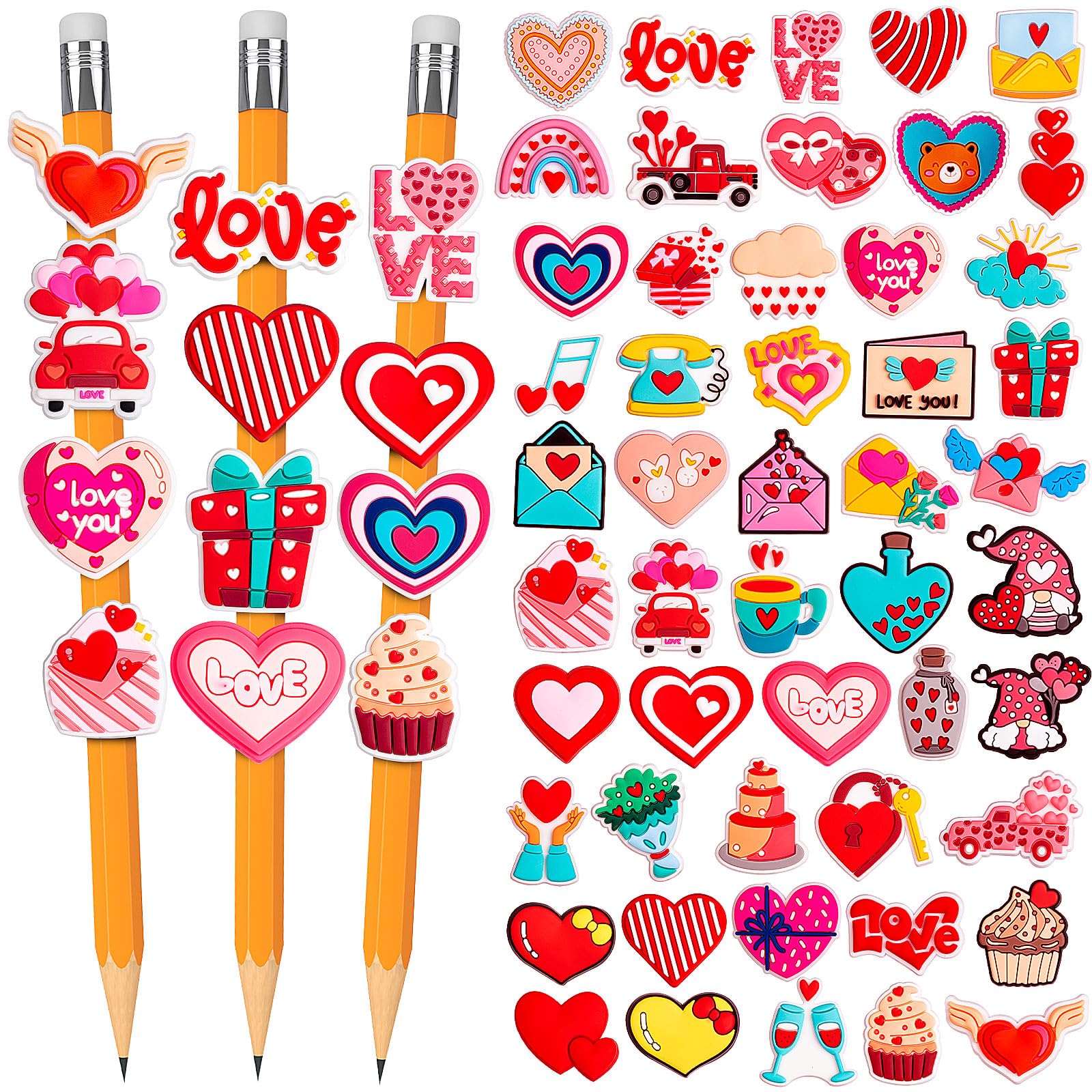 WDAHDHP Valentine's Day Pencil Clips for Kids, 50Pcs Different Pencil Toppers, Cute Pencil Charms for Kids' School Gifts & Classroom Rewards