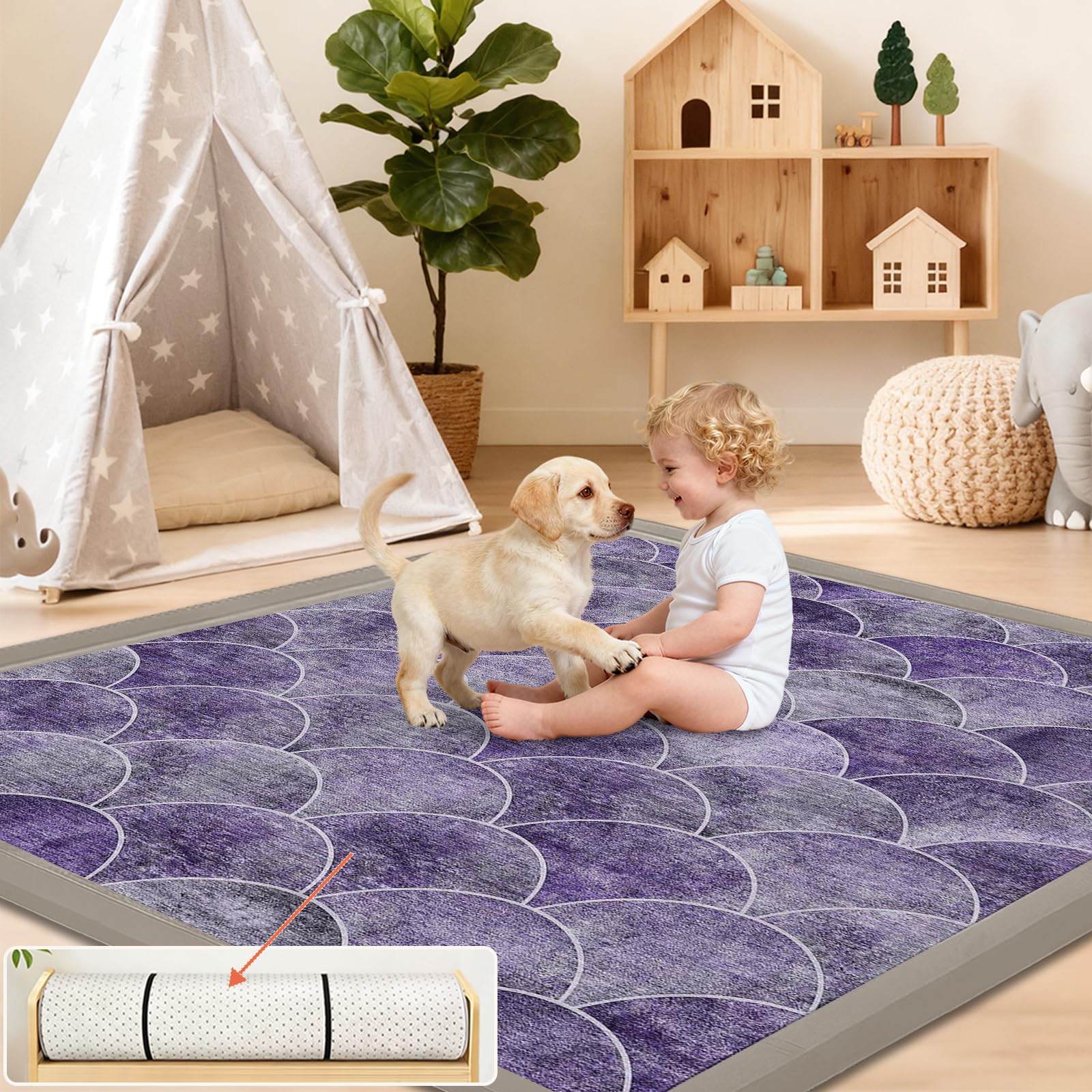 Tappeto Gioco Bambini, Extra Spesso 2 CM, Tappeto attività Morbido con Imbottitura Spessa per Tempo a Pancia in Giù, Base Antiscivolo Sicura per Gattonamento Viola 200 x 260cm