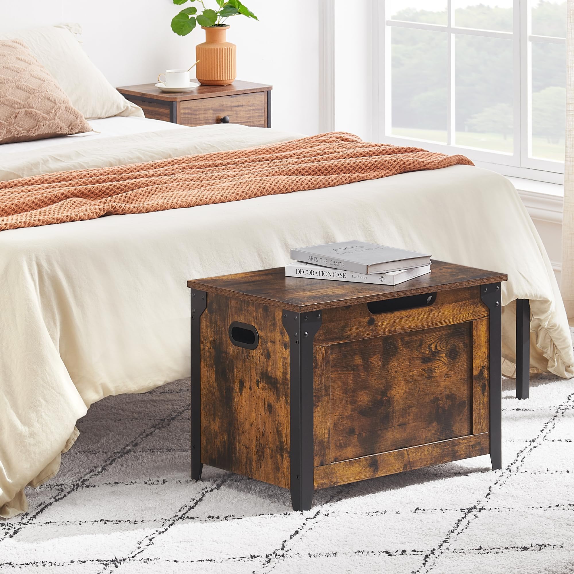 Banc avec espace de rangement, coffre avec couvercle, 60 cm de long, 2 charnières de sécurité, charge maximale : 136 kg, coffre en bois, pour couloir, chambre à coucher, salon, marron