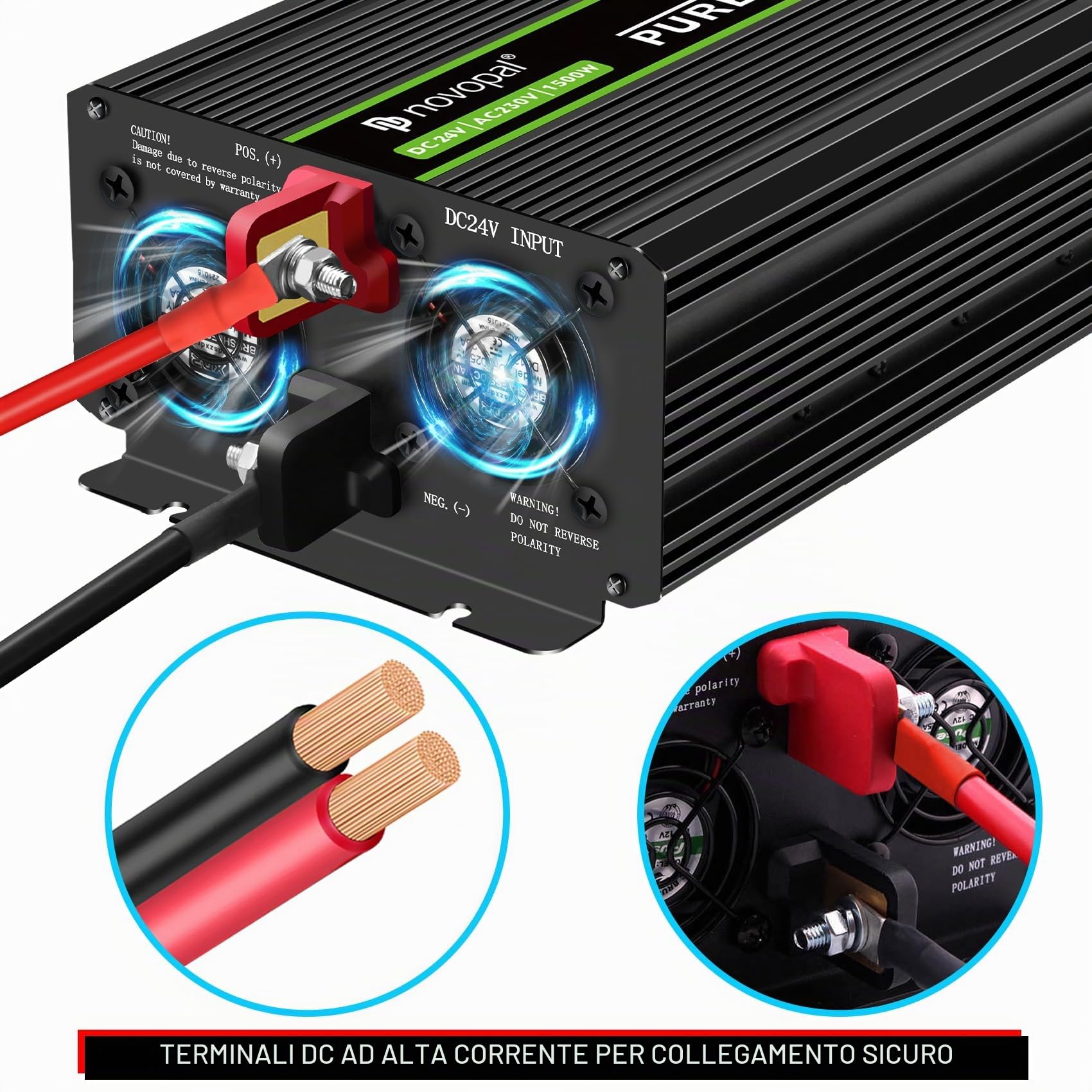 Novopal 1500W 3000W Power Inverter Onda Sinusoidale DC 24V AC 220V | 5m di Telecomando,2 EU Presa,1 Uscita USB,Alloggiamento in lega di alluminio,Adatto per Camion,Campeggio,Viaggi