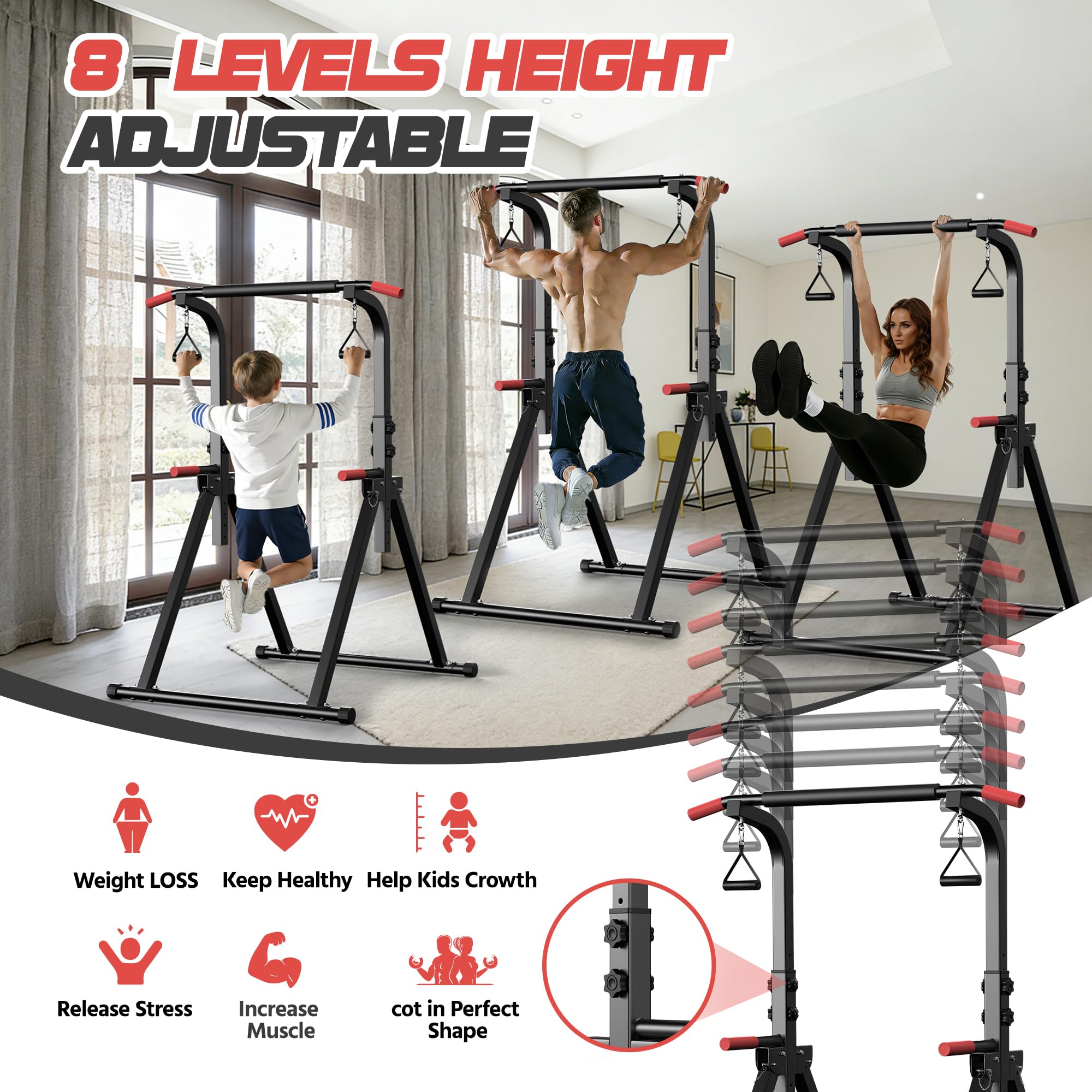 Faltbar Power Tower Dip Station, Klimmzugstange freistehend mit Aufhängering, Multifunktions Home Gym Trainingsgerät, Höhenverstellbar von 175-210cm,Home-Gym Belastbar 150kg