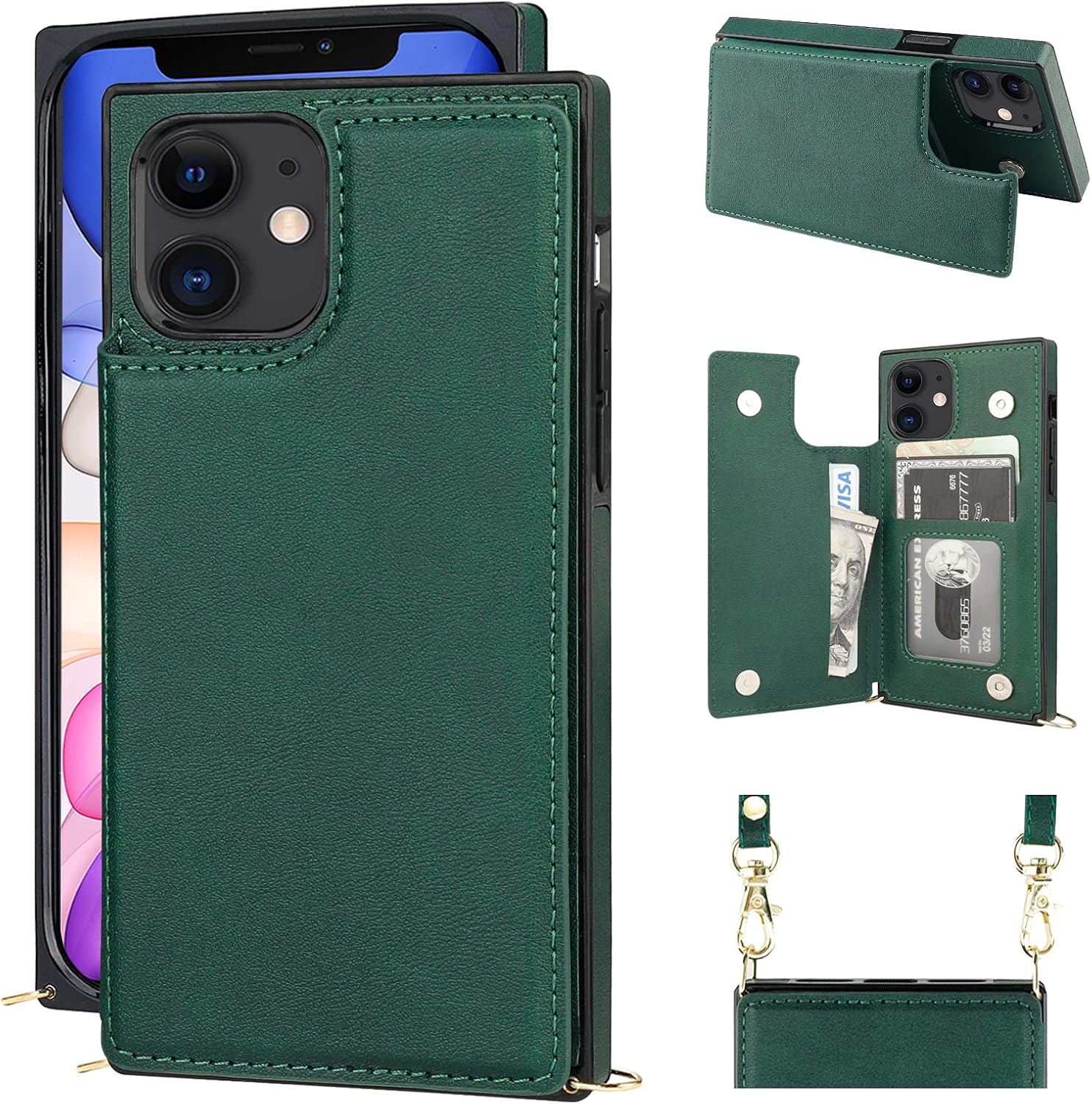 Bocasal Crossbody Wallet Case for iPhone 11 Credit Card Holder PU Leather Kickstand Shockproof Detachable Cross Body Strap Lanyard Magnetic Closure 6.1 inch(Green)