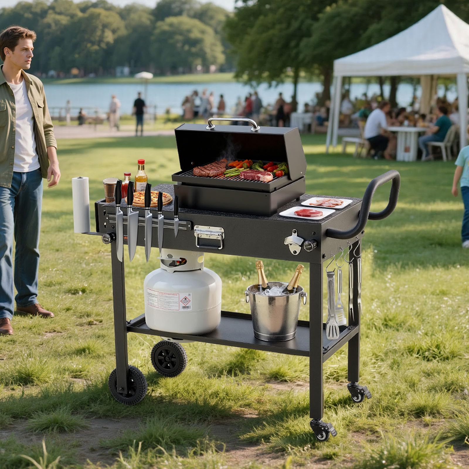 VEVOR Desserte de Jardin pour Plancha Pliable, Chariot de Barbecue Plan de Travail 78,7x43,2 cm, pour Préparation de Cuisine BBQ Terrasse Extérieur, avec Porte-essuie-Tout et Support pour Ustensiles