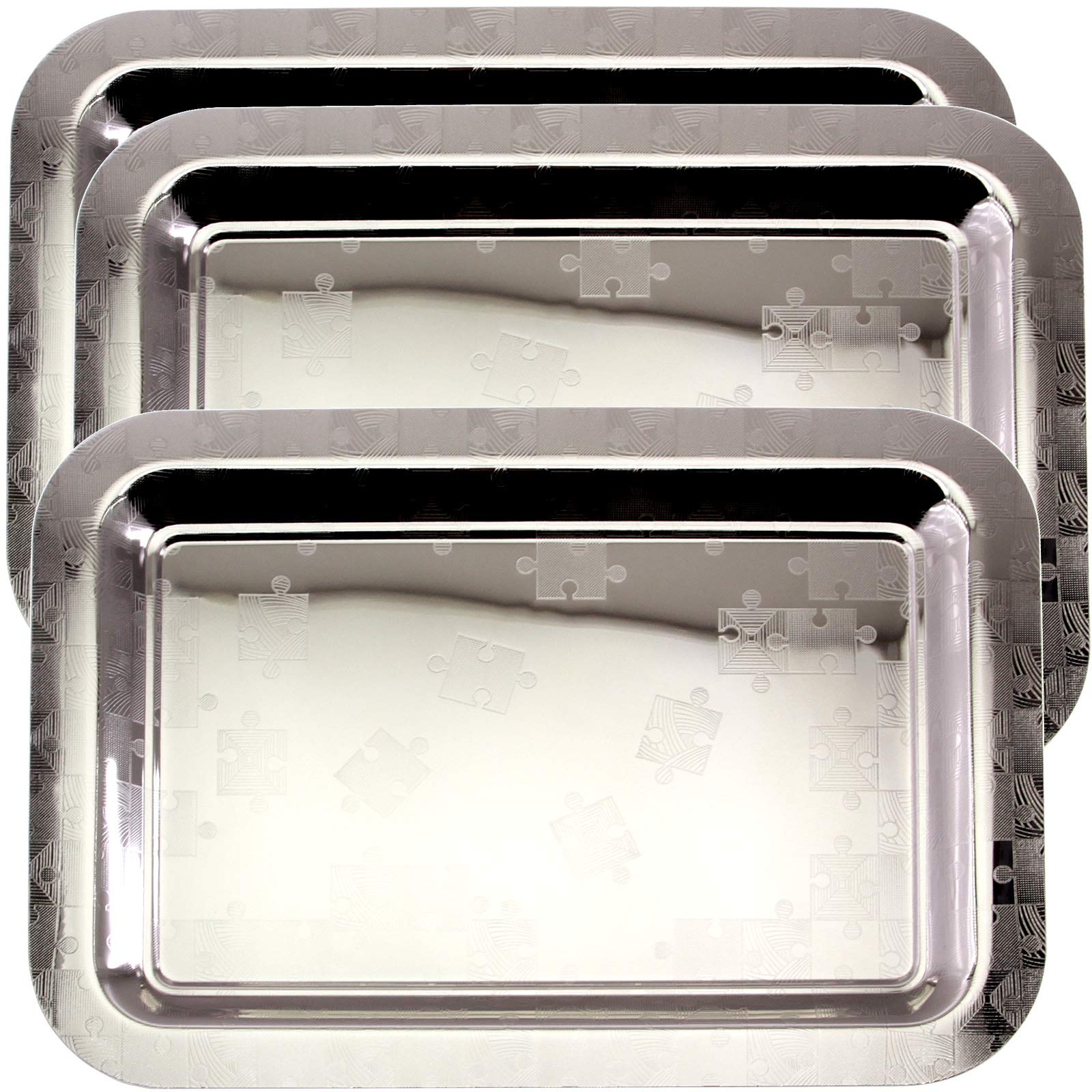 (Pack of 3) 20.1 Inch x 14.4 Inch Oblong Chrome Plated Serving Tray Puzzle Pattern Art Engraved Decorative Birthday Wedding Dessert Buffet Party Snack Platter Plate Dish Base TLA-477