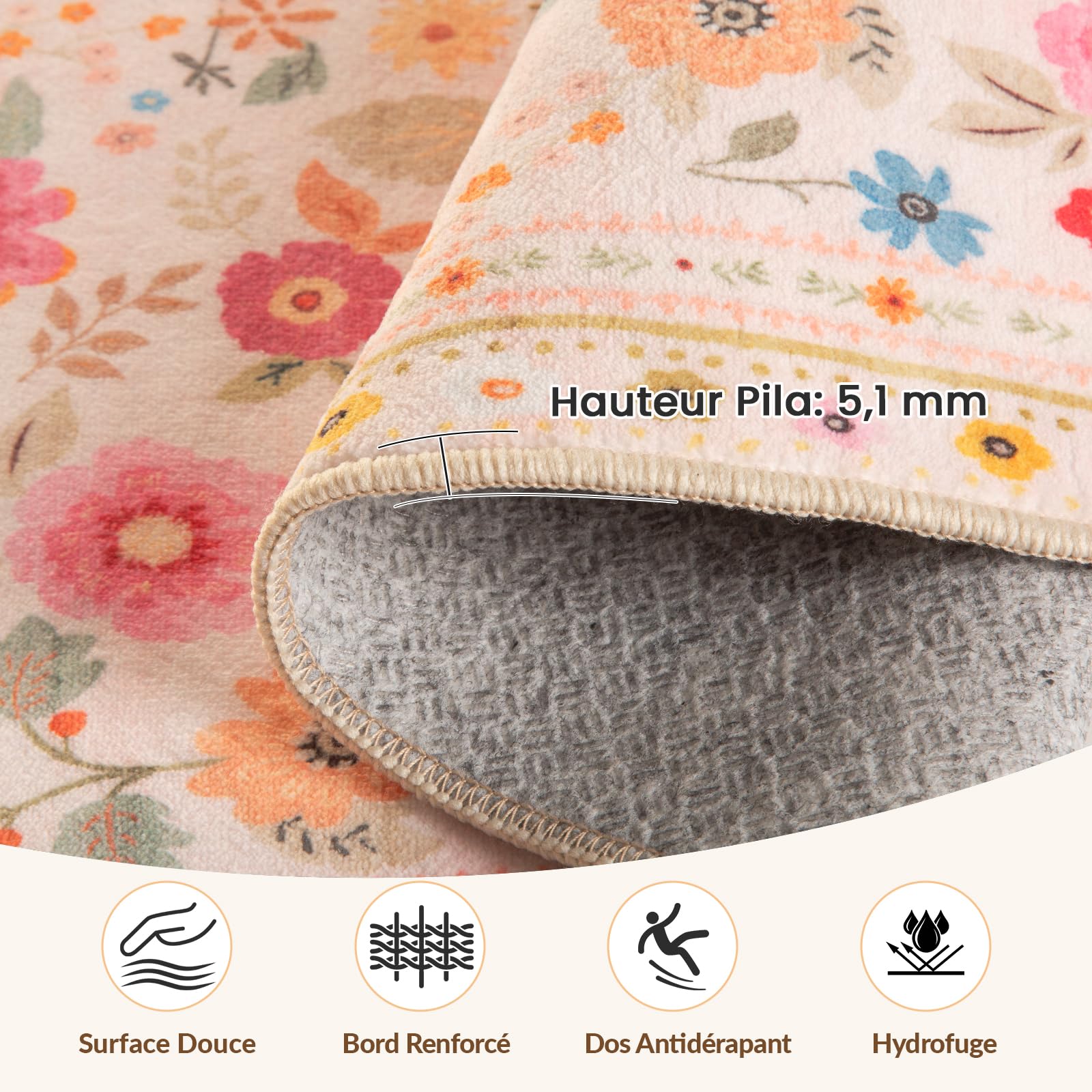 INOVADAY Tapis Lavable 120x180 cm, Style Bohème, Poils Courts, Antidérapant, Imprimé Floral, pour Salon, Chambre à Coucher, Salle à Manger, Bureau,t, Rose/Beige