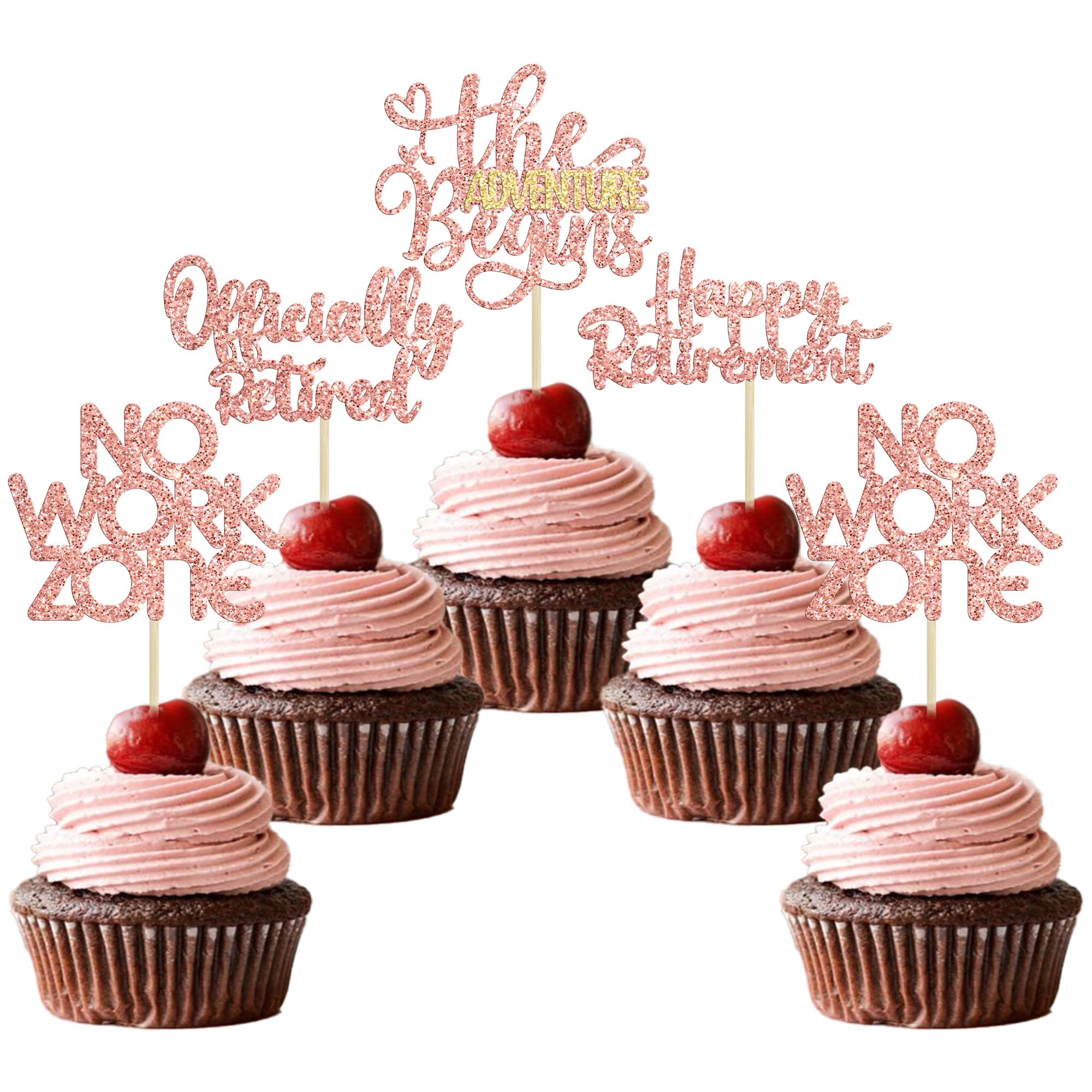 24Pcs Happy Retirement Cupcake Toppers Officially Retired Cake Toppers No Work Zone Adventure Begins Cupcake Picks Retirement Theme Farewell Birthday Party Decorations Supplies Rose Gold