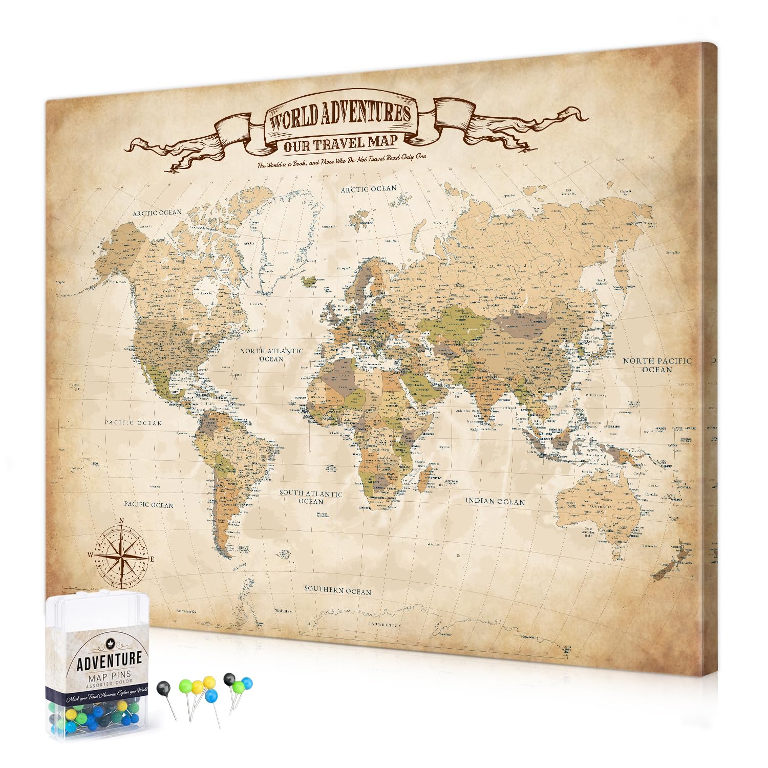 DECORARTS World Map Pin Board,Antique World Travel Map with Pins,30x24''