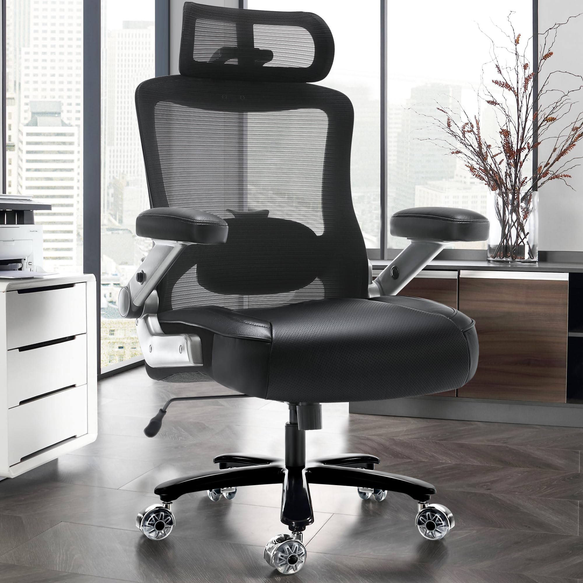 500lbs Big and Tall Office Chair- Heavy Duty Executive Computer Chair with 3D Flip Arms Large Wheels, Ergonomic Mesh High Back Desk Chair, Extra Wide Seat Adjustable Lumbar Support&Headrest