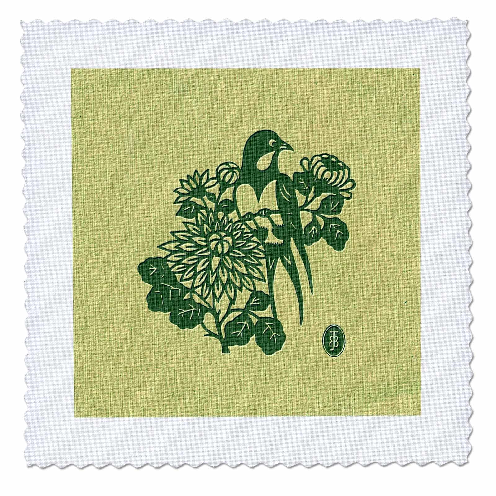 22x22 inch Quilt Square - Elegant Bird with Flowers in Shades of Green Beautiful China Series