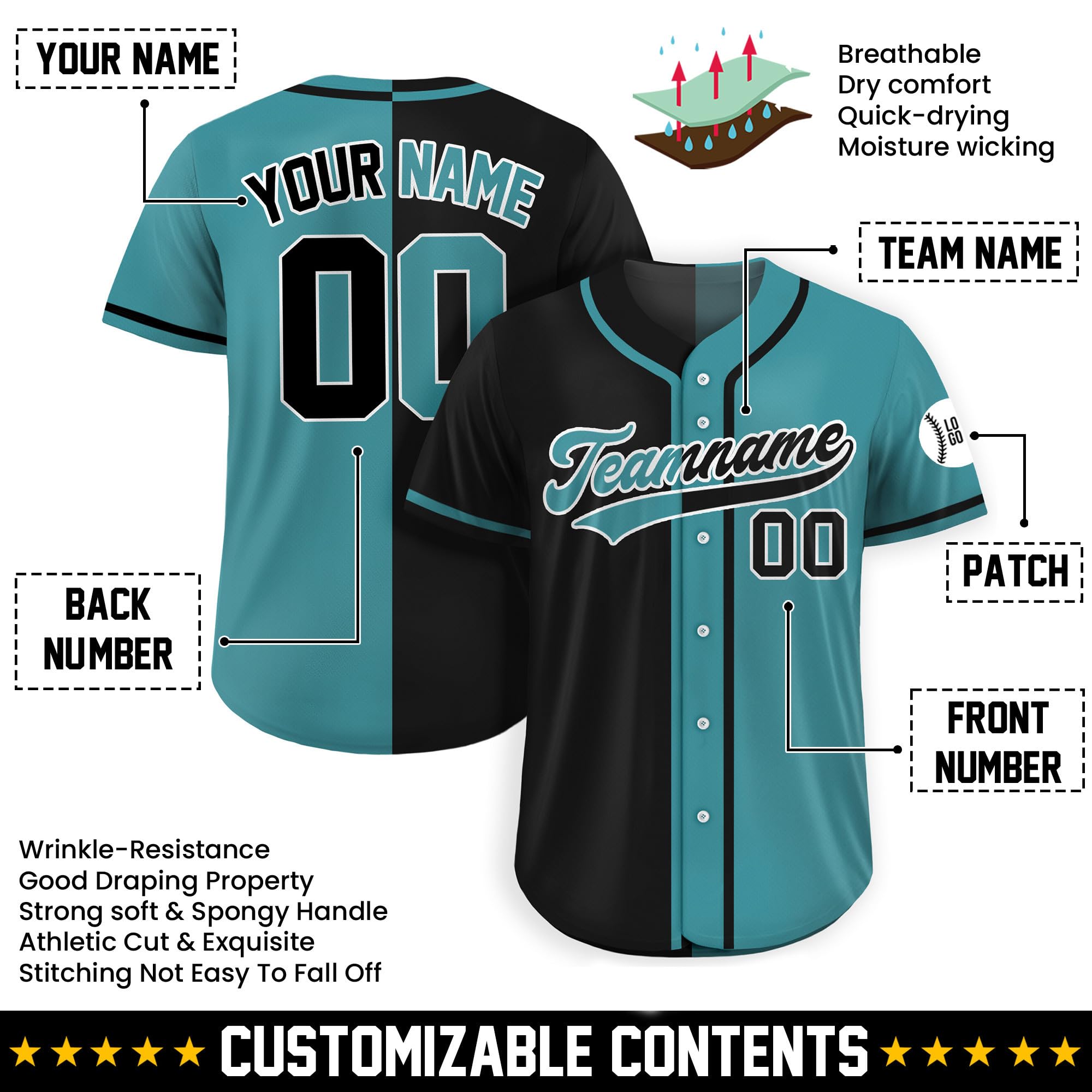 Custom Baseball Jersey – Personalized Name, Number & Logo, Split Green Black Button Up Jersey for Men, Women, Youth, Toddlers