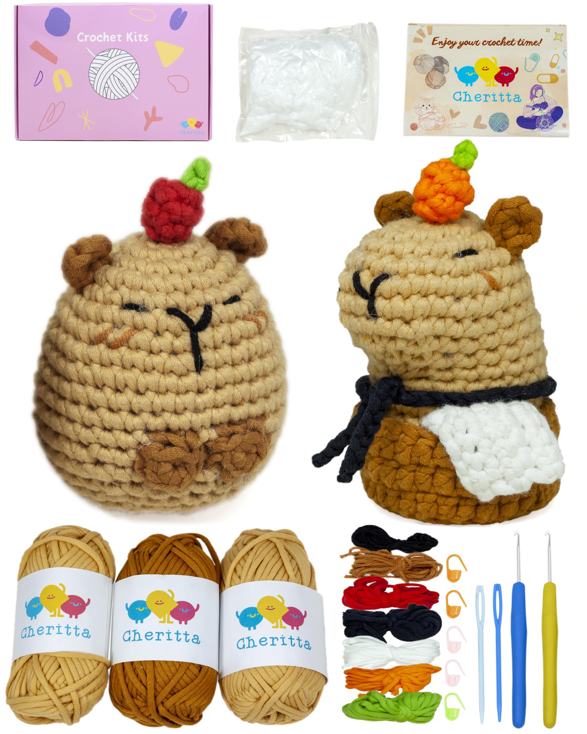 Cheritta Crochet Animal Knitting Kit for Beginners Kids - 2 Types of Capybara Patterns | Beginner Crochet Kit for Adults with Step-by-Step Video Tutorials, Yarns, Hooks, and Accessories