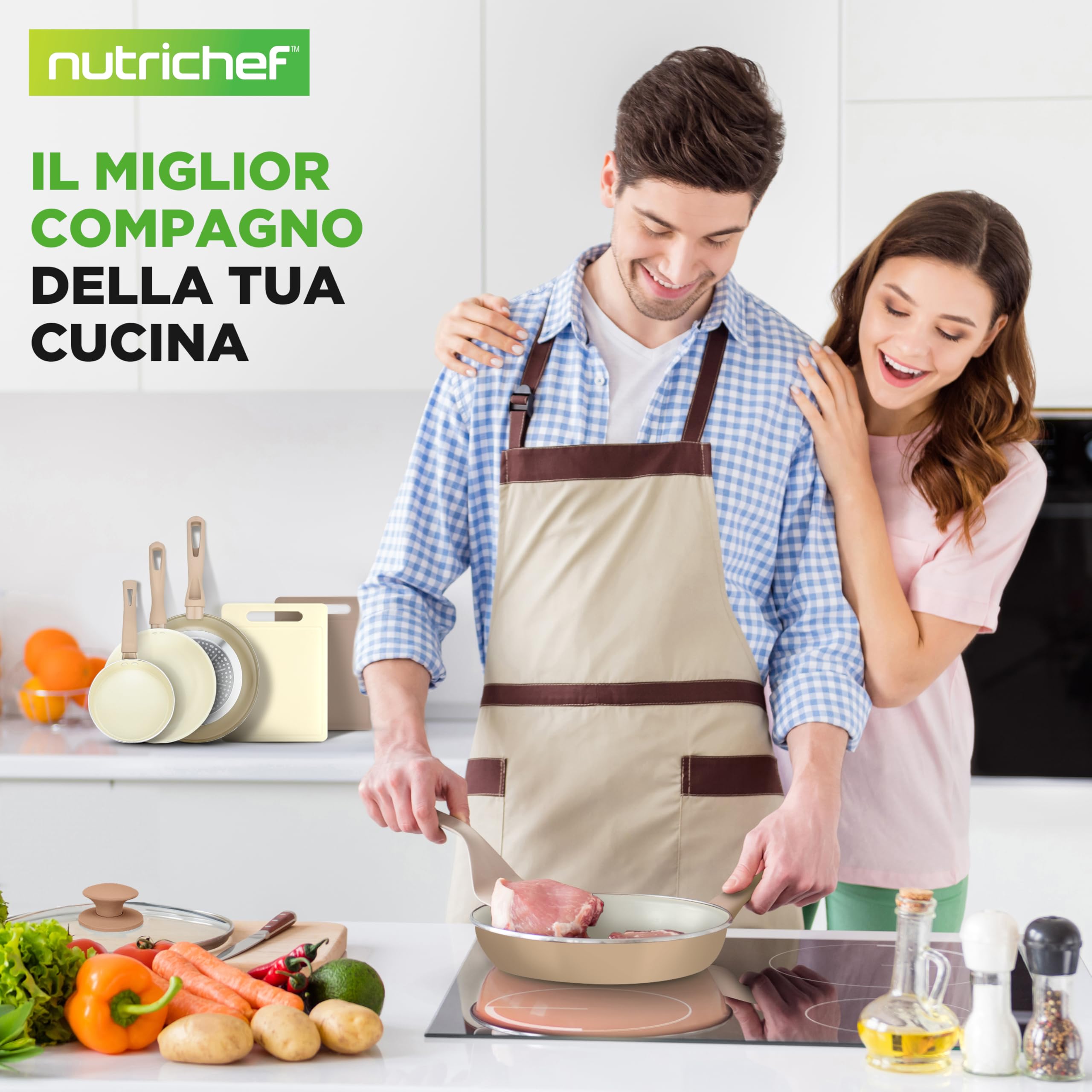 NutriChef Set 75 Pezzi con Pentole, Padelle e Teglie da Forno Antiaderenti in Ceramica, Coltelli, Utensili, Sicuro per Uso Alimentare, Crema/Marrone