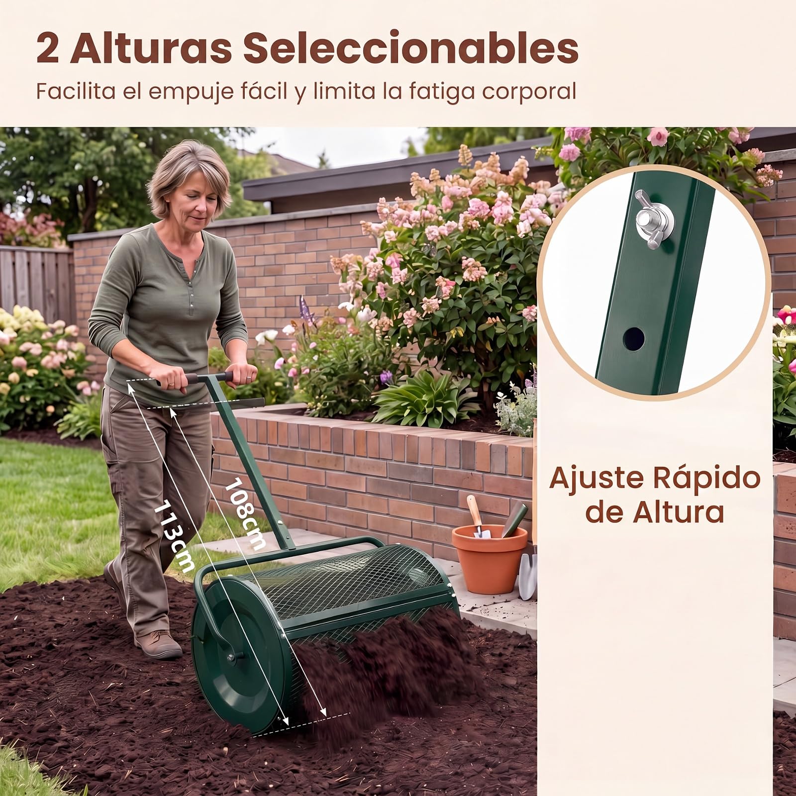 GYMAX Esparcidor de Semillas de Césped, Esparcidor de Abono con Mango de 2 Alturas Ajustables, Estructura de Metal Resistente, Bloqueos Laterales, Dispensador de Compost para Jardín (Verde)
