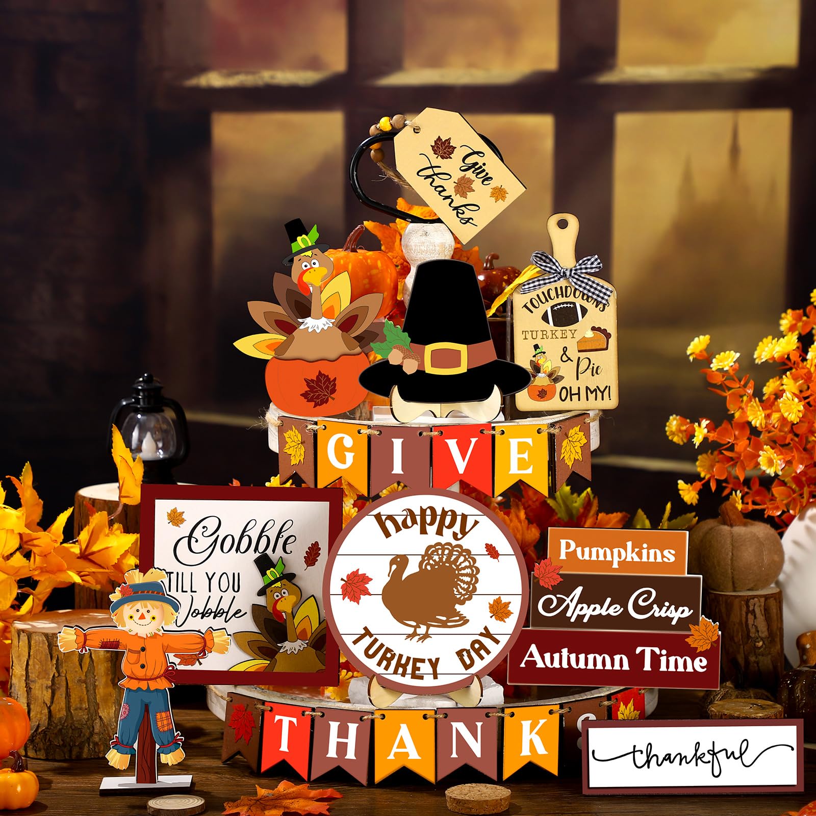 24 Pcs Thanksgiving Tiered Tray Decoration Fall Thanksgiving Decoration Farmhouse Rustic Wooden Sign Turkey Truck Scarecrow Fall Decoration Warm Thanksgiving Fall Home Table Kitchen Decorative Tray
