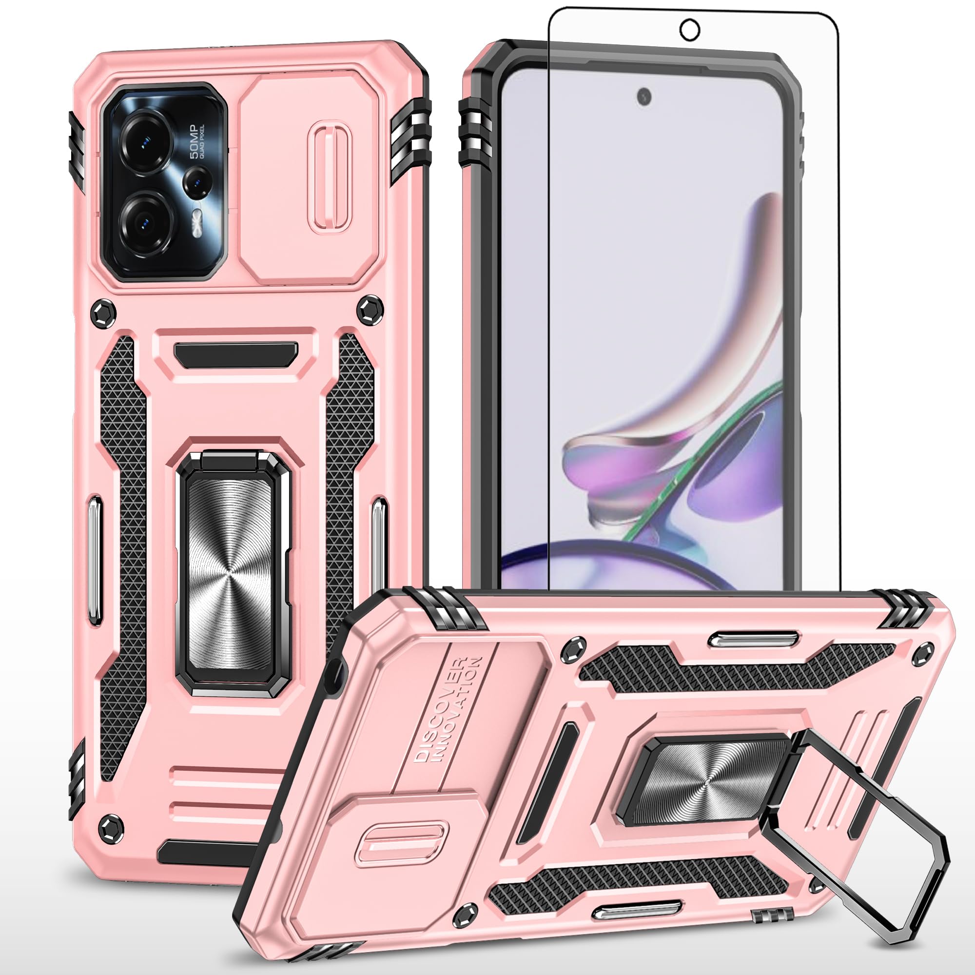 Asuwish Phone Case for Motorola Moto G13 4G/G23 with Tempered Glass Screen Protector and Slide Camera Cover Magnetic Ring Holder Kickstand Cell