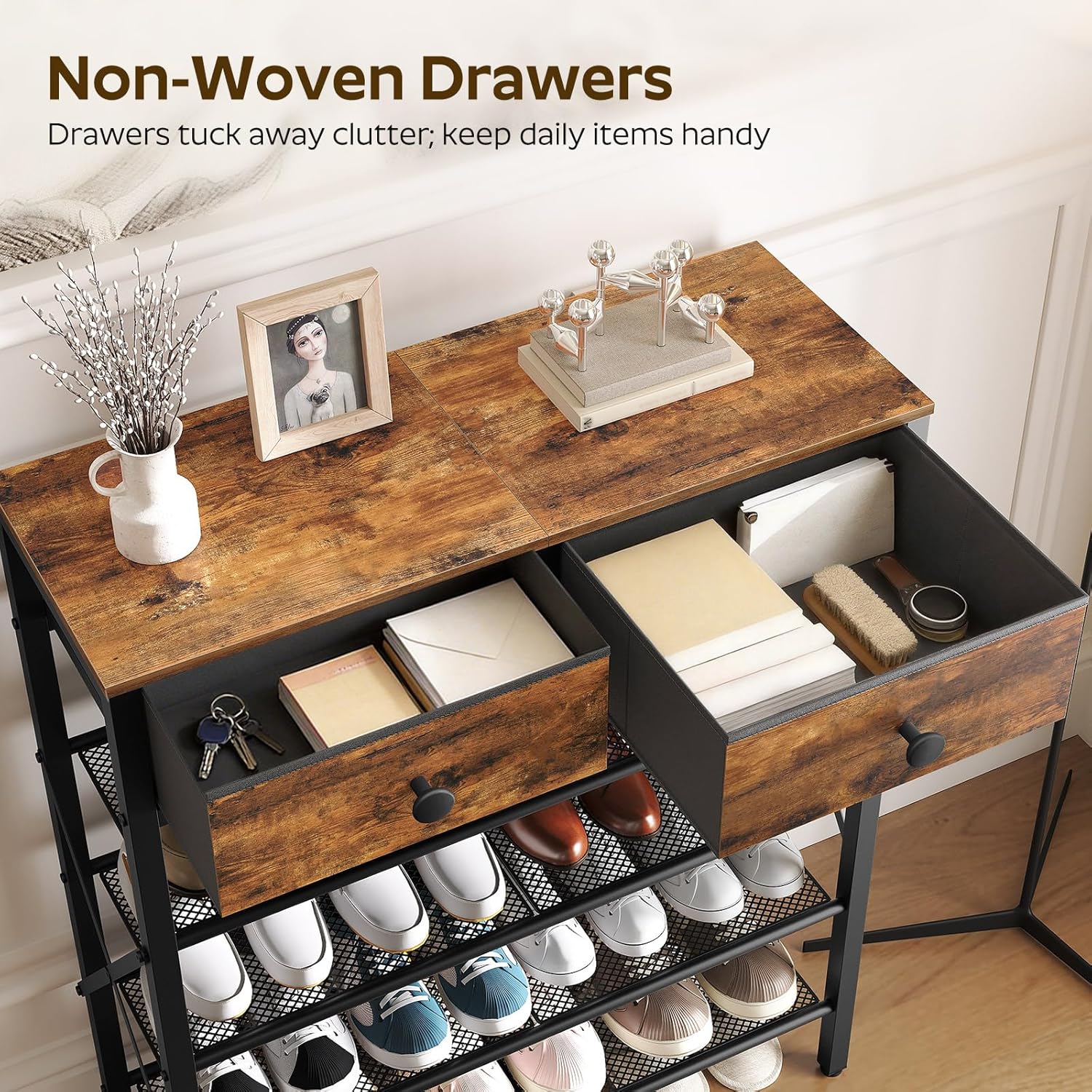 5 Tier Shoe Rack, Large Capacity Shoe Storage Organizer, Metal Shoe Shelf with Drawer and Wooden Top, for 20 Pairs of Shoes, for Entryway, Closet, Rustic Brown and Black SS25BRY1N1