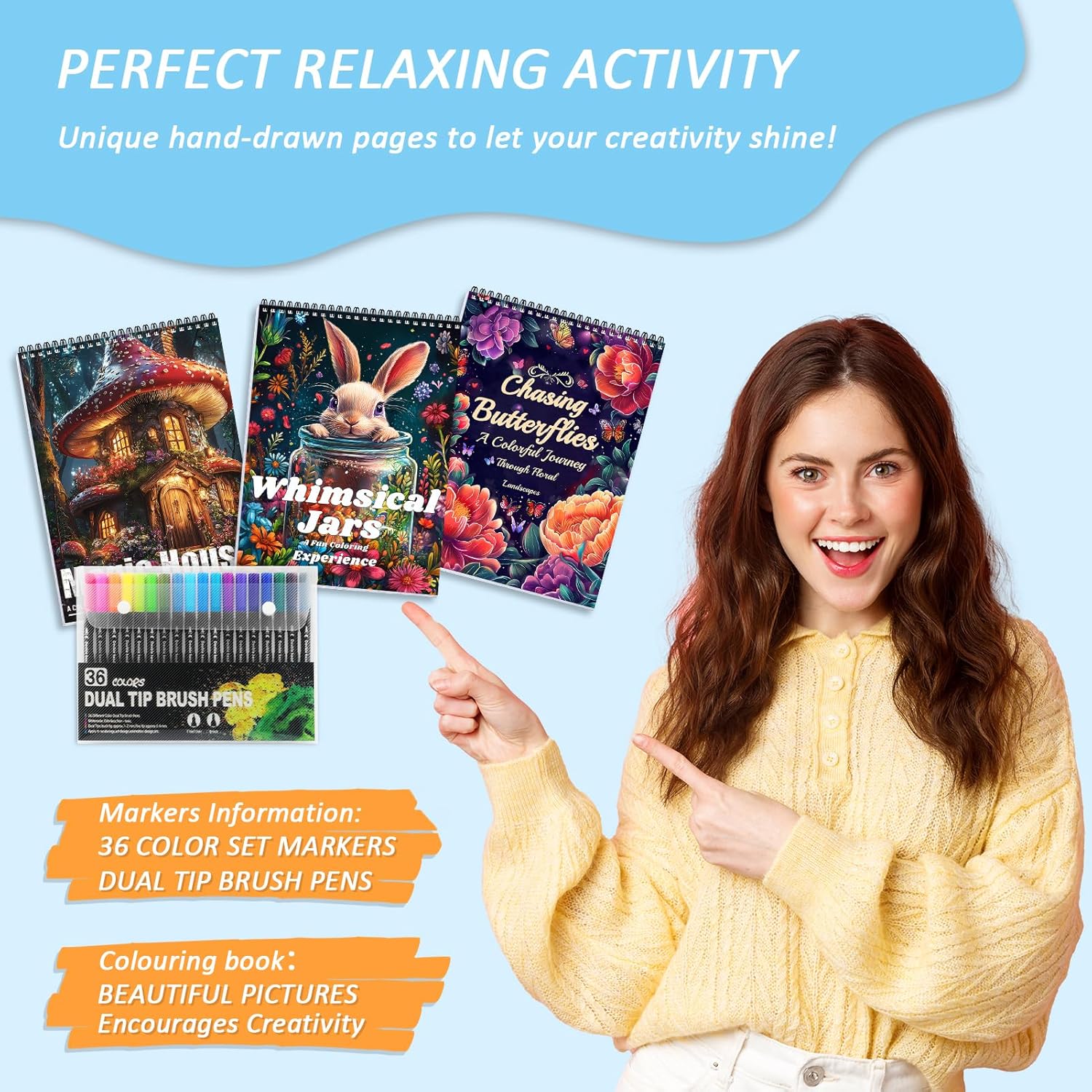 3Pcs Adult Coloring Book for Women Relaxation, Spiral Bound Adult Coloring Books for Women with 36 Markers, 36 Dual Tip Colors Markers, Mindfulness Gifts - 72 Patterns - Image 3