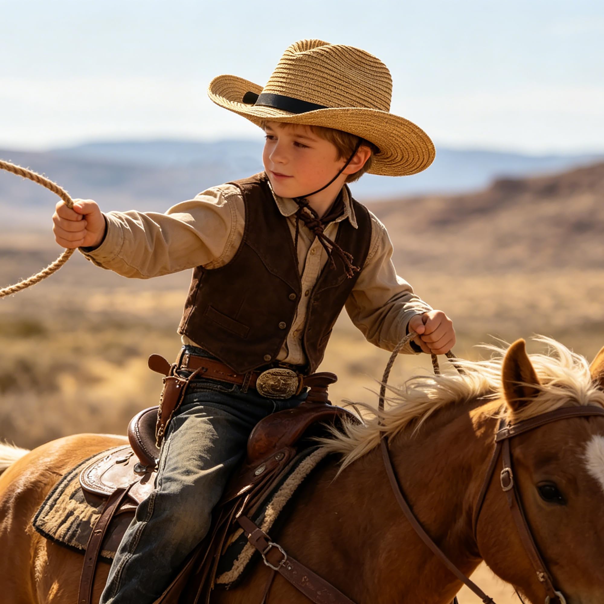 JIAHG Chapeau de Paille Enfant 3-8 Ans Chapeau de Cow-Boy Western Panama UV Protection avec Mentonnière Casquette Visière de Soleil Plage Voyage Camping Randonnée
